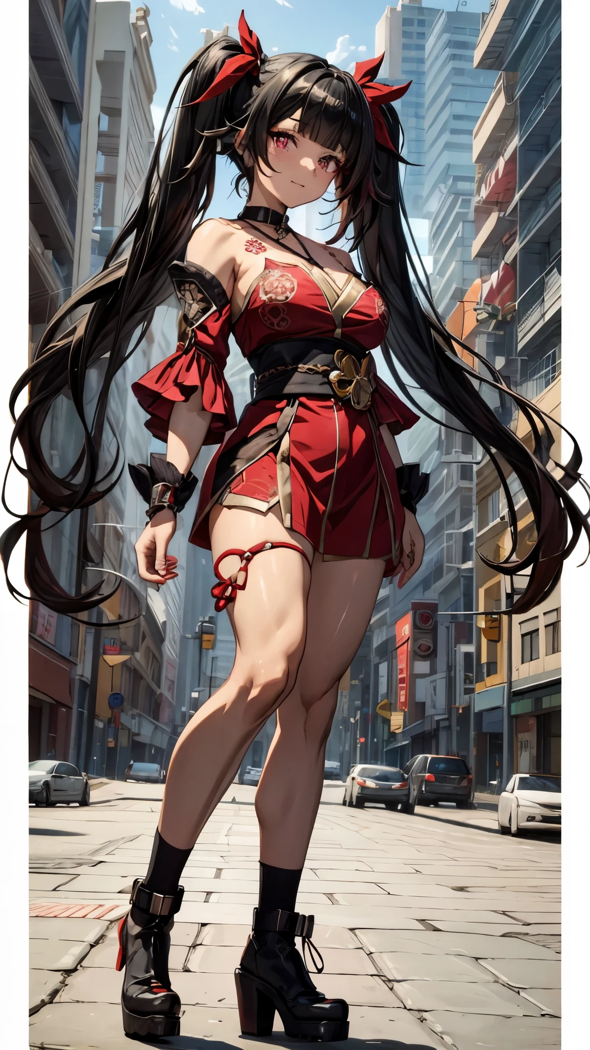 type: Digital Art
style: Anime Style
color: Predominantly red with black and white contrasts.
main character details:
Eye color: Bright crimson red, with luminous highlights.
Hair color: Black with red highlights.
Hair Style: Long with twin tails, adorned with traditional red and gold hair ornaments, Sly and playful smile with a touch of mischief, sadistic, muscular legs, beach scene, standing, full body photo,