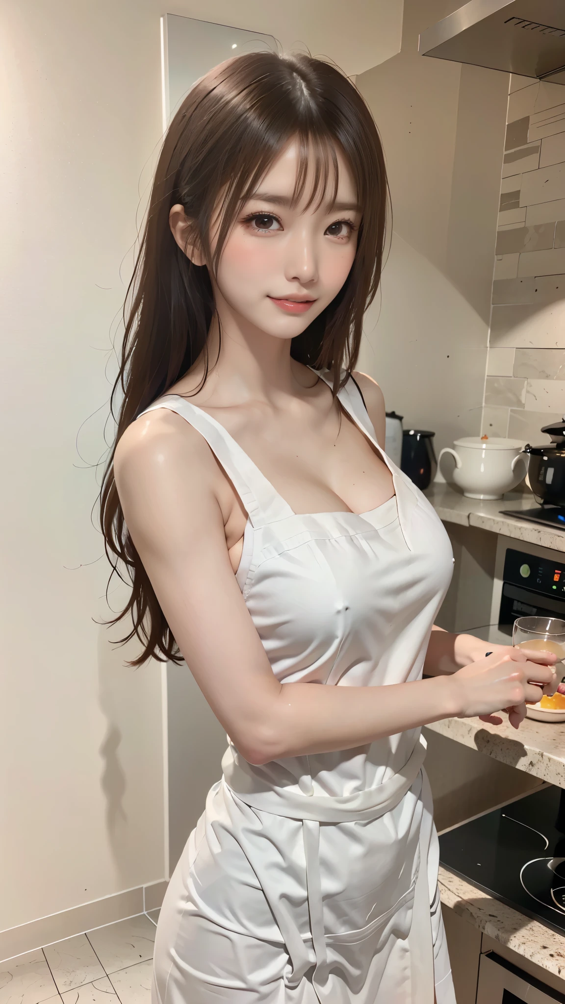 Woman who cooks、(kitchin_aprons:1.Wear 3)、pretty hand、4K、A high resolution、tmasterpiece、People of the highest quality、Wear cap:1.3、((Hasselblad photograp))、Thin skin、sharp focus、(lighting like a movie)、Soft lighting、Dynamic Ungle、[:(Detal Face:1.2):0.2]、Bigchest、A lot of moisture spills from the skin:1.2、(((in a kitchen))) adorable smile　Viewer's POV　Colossal tits　tying  hair　Sleeveless　Stretch your upper arms　Shoulder extension　cleaning　big kitchen　Beautiful kitchen　wineglass　posterior view　Behind　lomo　Lift and tie your hair, confront ,  Her face,  on the face Huge breasts