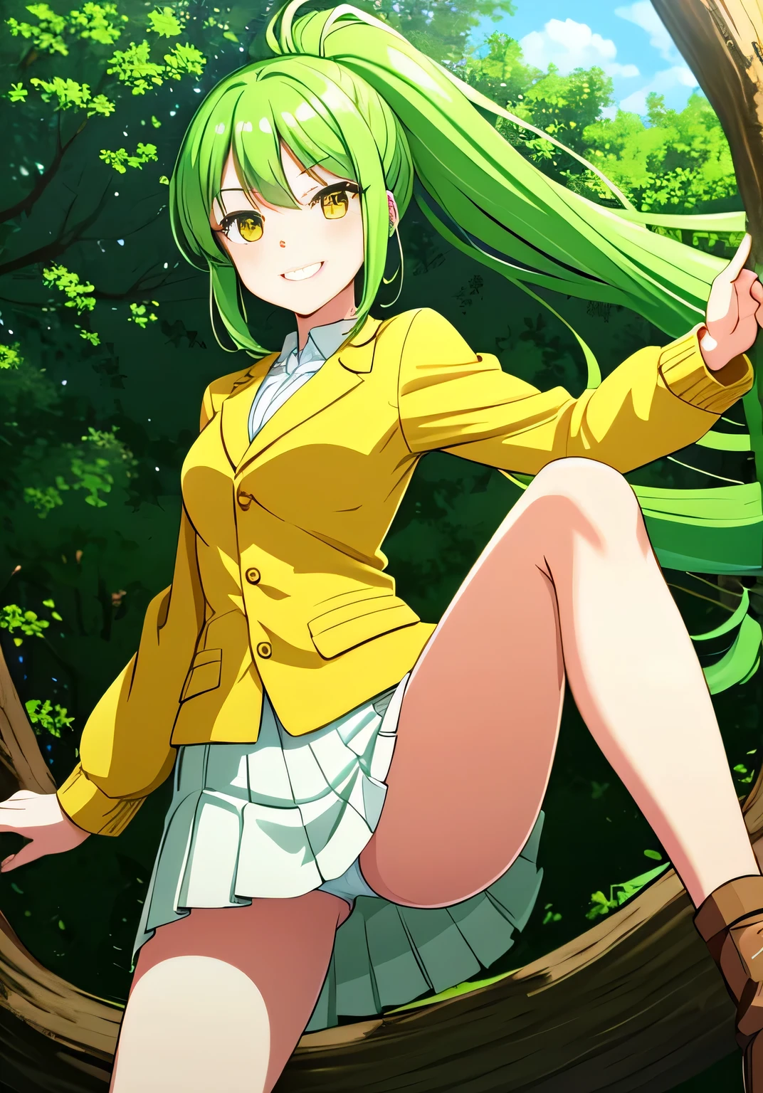 Anime Frau, long green hair, Pferdeschwanz, gelbe Augen, smiling, White shirt, green jacket, kurzer Rock, white panties, Upskirt