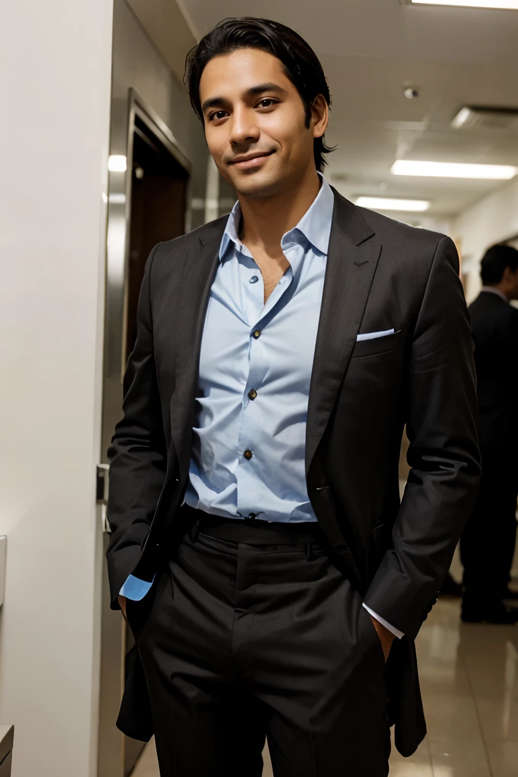 "A 39-year-old Colombian man with black hair and brown eyes dressed in a impeccable groom's suit, standing with a pervert smile. The background includes a school setting with other students visible. Complete body image. The style should embody the essence of anime without the need to emulate a specific artist or studio."