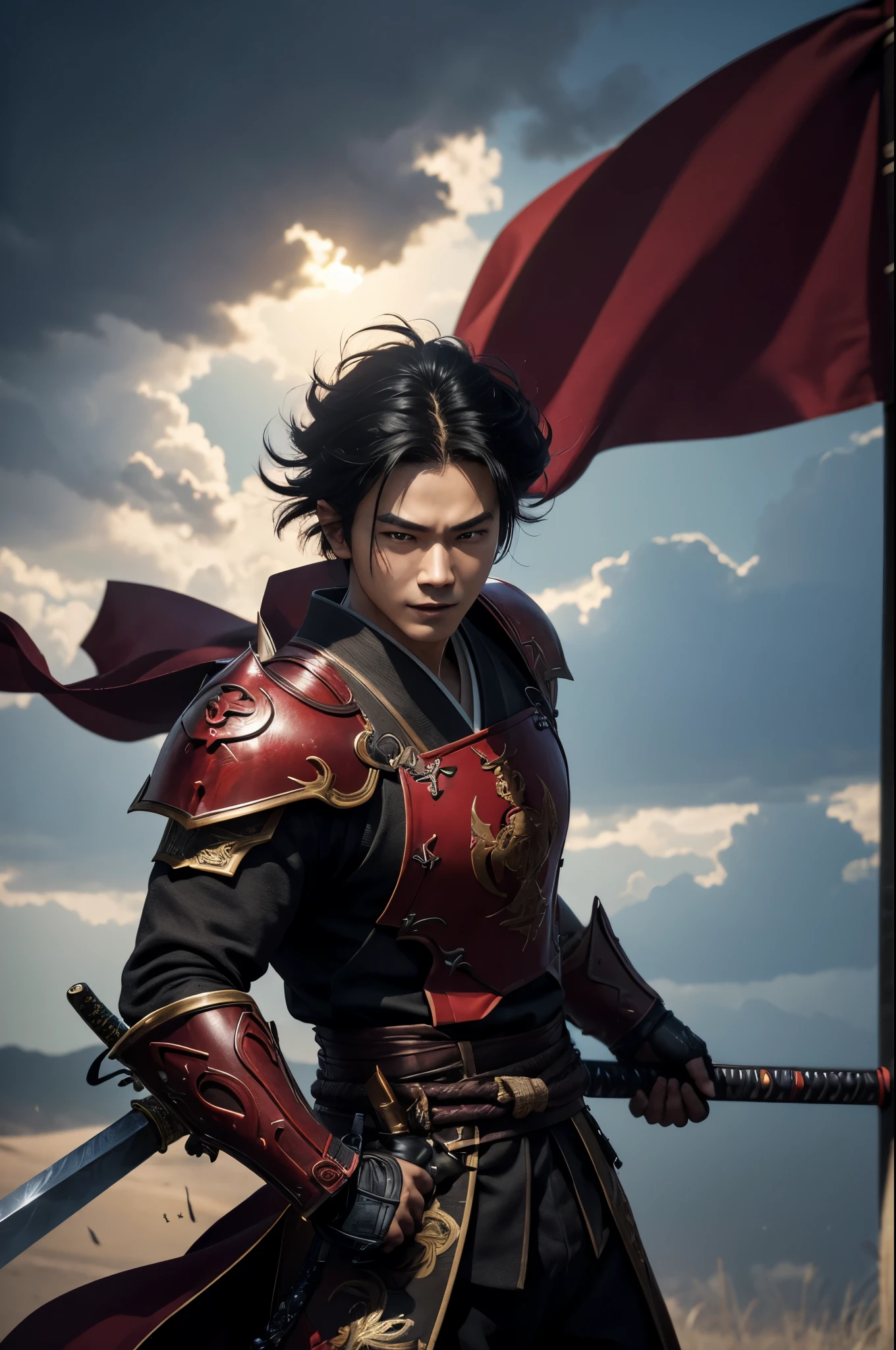 8k、alone、16 year old boy,Super beautiful teenager(like the real thing),red eyes(red glowing effect),Super beautiful teenager,black bob hair,black fabric men&#39;s kimono,black pants(devil&#39;s emblem embroidery),golden decoration,heading there、long and large Japanese sword,Demon Slayer boy wearing Demon Slayer male kimono,Remains,amazing work of art、wind effect:1.9、cloud effect:1.2、full rendering、Caustic soda coating、unreal engine、1 Japanese sword,An innocent expression,cool boy,ultra high resolution,super realistic skin,Super precise hand details,１Japanese sword and book,fantasy art,smile,battle scene,action scene,action pose,fighting style,Photorealistic RAW photos of the highest quality。Backlight, cinematic lighting, film grain, to be born, 50mm lens, Nikon D850,realistic skin,fantasy art,character art,ultra high resolution,Macho with a muscular slender body,Precise facial details,Throw a long and large Japanese sword,fighting pose,dynamic pose,Red shoulder armor(demon emblem),Red Gauntlet(demon emblem),fearless laugh,Improve the quality of facial expressions,perspective from above,