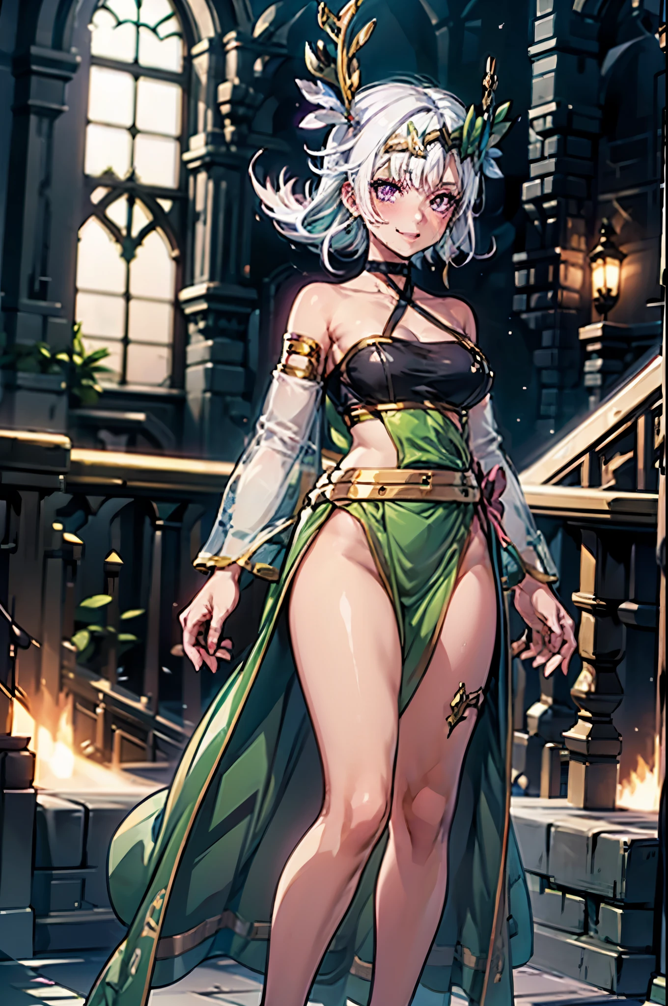 masutepiece, Best Quality, High resolution, solo, 1girl, Full body, Description Girls, detail hands, Detail fingers, Detail Face, cute face, detail legs, overdetailed art, Fine details, Huge breasts, Huge ass, steam, Sweat, Lily_Everhart, white hair, hair ornament, dress, bare shoulders, jewelry, collarbone, earrings, detached sleeves, purple eyes, see-through, black choker, green dress, see-through sleeves, skimpy, smile