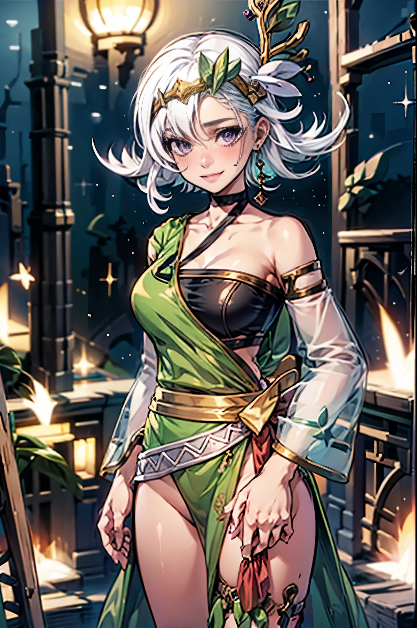 masutepiece, Best Quality, High resolution, solo, 1girl, Full body, Description Girls, detail hands, Detail fingers, Detail Face, cute face, detail legs, overdetailed art, Fine details, Huge breasts, Huge ass, steam, Sweat, Lily_Everhart, white hair, hair ornament, dress, bare shoulders, jewelry, collarbone, earrings, detached sleeves, purple eyes, see-through, black choker, green dress, see-through sleeves, skimpy, smile