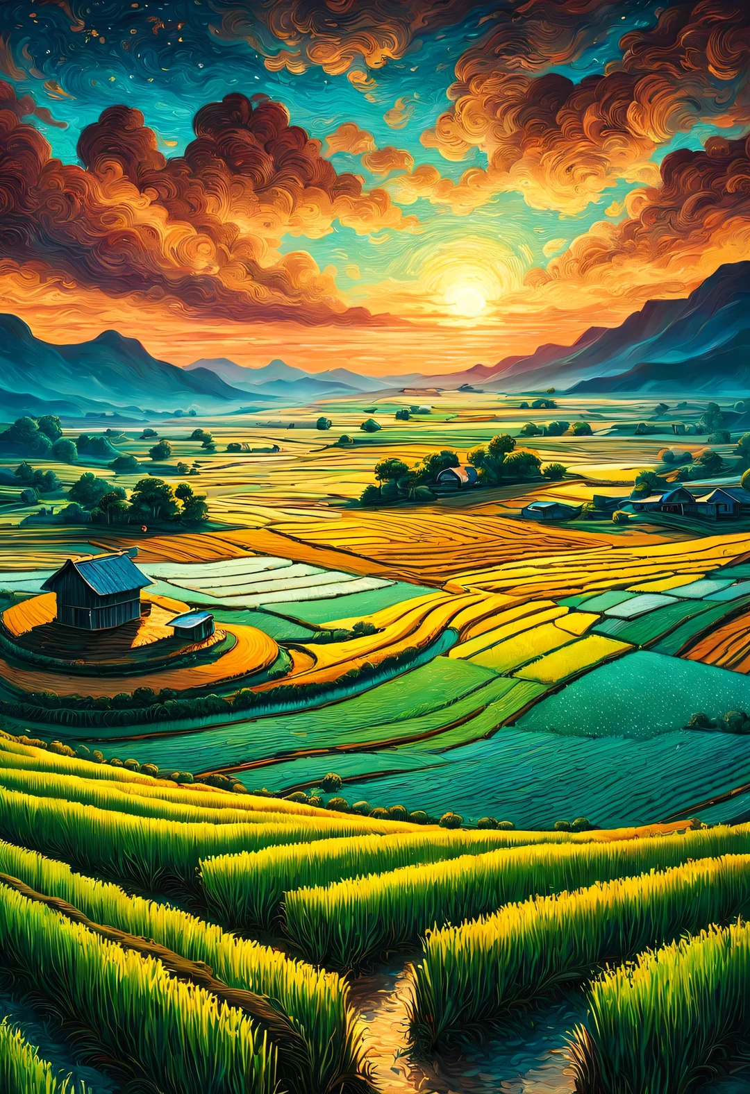 Dan Mumford style，best quality, 8k, high quality, masterpiece: 1.2, Ultra-fine, realism: 1.37, double contact,
(Endless rice fields and ), blue sky, dreamy atmosphere, pastel color palette, Vibrant shades, Impressionist brushstrokes, Subtle lighting effects, sunset on the horizon, nature and sky, textured brushstrokes, Crops are abundant、Vibrant, dusk atmosphere, Peaceful idyllic scenery, Shining stars light up the night, create tranquility、Picturesque setting, Be inspired by Van Gogh&#39;s style and technique. Sublime and atmospheric depiction, ethereal beauty, Fascinating celestial phenomenon,