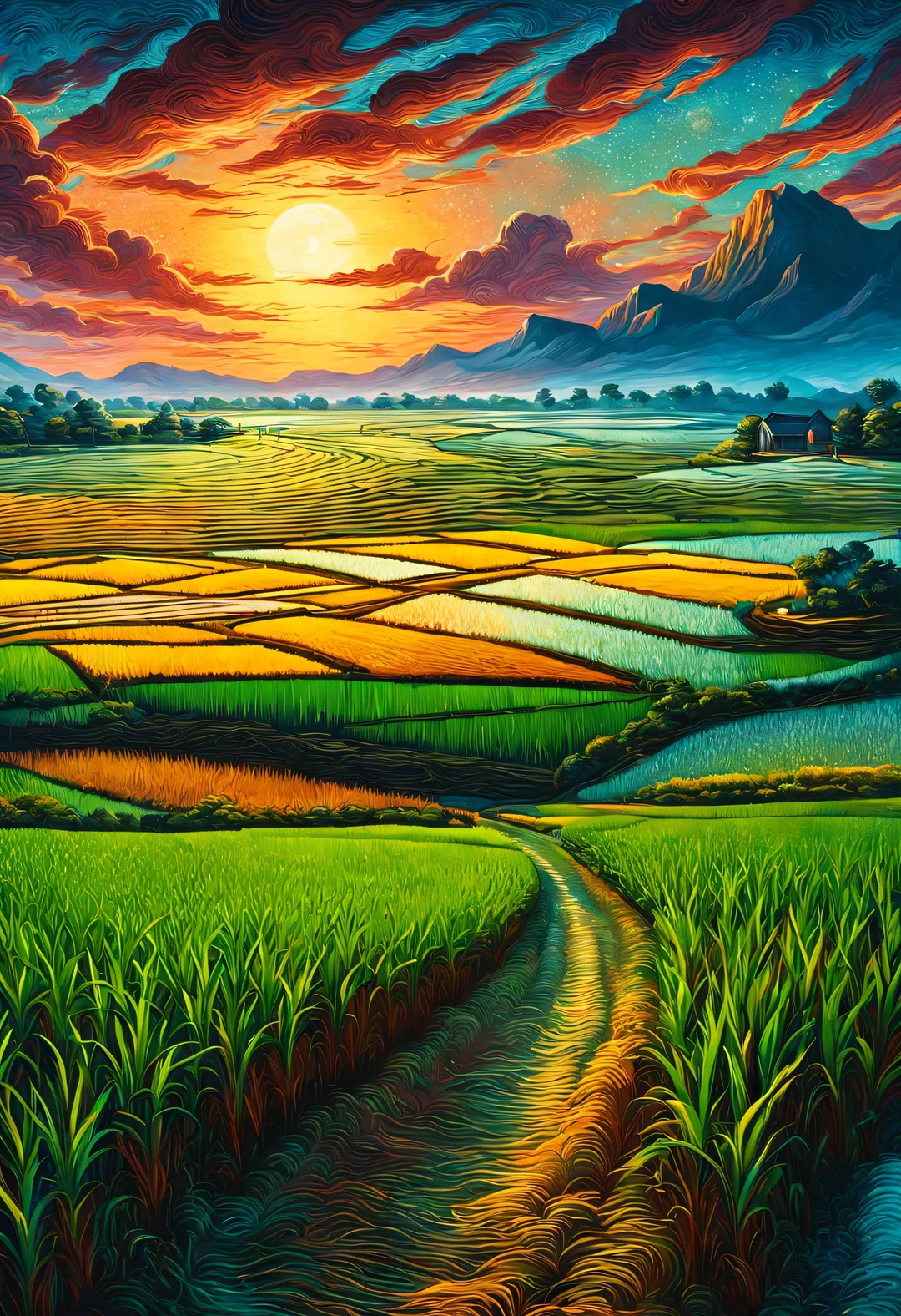 Dan Mumford style，best quality, 8k, high quality, masterpiece: 1.2, Ultra-fine, realism: 1.37, double contact,
(Endless rice fields and ), blue sky, dreamy atmosphere, pastel color palette, Vibrant shades, Impressionist brushstrokes, Subtle lighting effects, sunset on the horizon, nature and sky, textured brushstrokes, Crops are abundant、Vibrant, dusk atmosphere, Peaceful idyllic scenery, Shining stars light up the night, create tranquility、Picturesque setting, Be inspired by Van Gogh&#39;s style and technique. Sublime and atmospheric depiction, ethereal beauty, Fascinating celestial phenomenon,