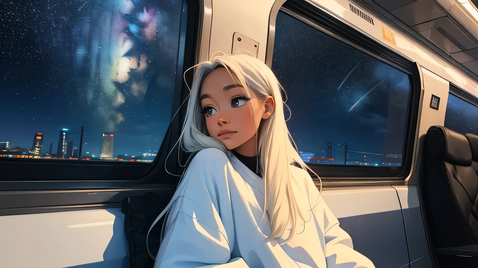 train, Sit by the window, take a pensive posture, look at the stars, My head got stuck in the glass, Scenery passing by at high speed, night trip, beautiful starry sky, Beautiful girl, UHD Portraits, (high quality) (ultra detail) Looking at viewers wearing hip-hop style streetwear; different, fancy, very white, dyed long hair 🌈