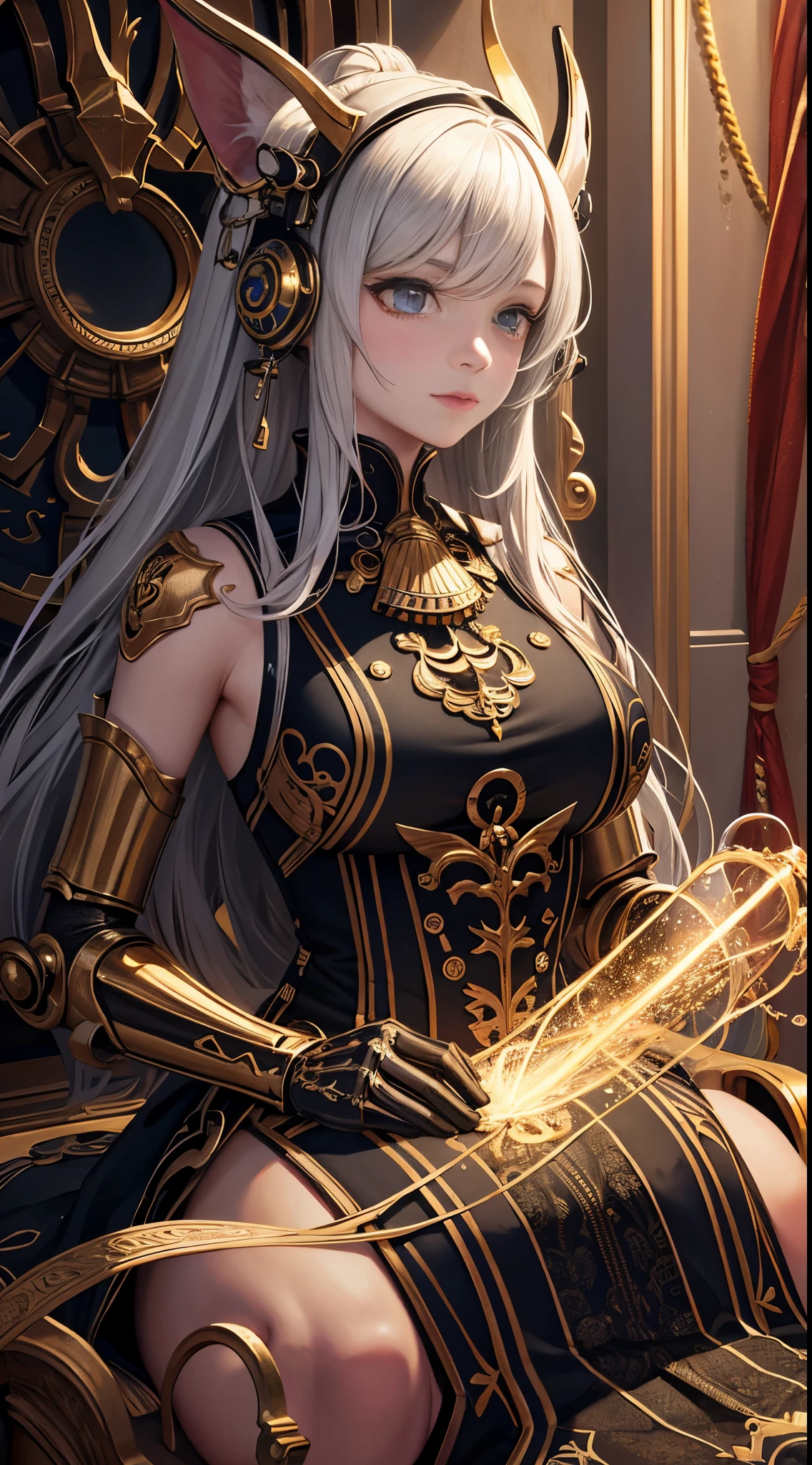 (master piece,highest quality,best quality,official art,Cosmetology and aesthetics:1.2),(1 girl),very detailed,(fractal art:1.3),very colorful,Most detailed 1 Machine girl,((surreal details)),sports late,global illumination,shadowing,Rendering with Octane,8k,super sharp,Metal,Complex,Decorations detailed,cool colors,egyptian details,非常にComplexディテール,realistic ray tracing,cgsociety trends,shining eyes of light,towards the camera,neon light details,mechanical limbs,blood vessels attached to tubeechanical vertebrae attached to the back,Mechanical cervical connection in the neck,sat down,Wires and cables connecting to the head