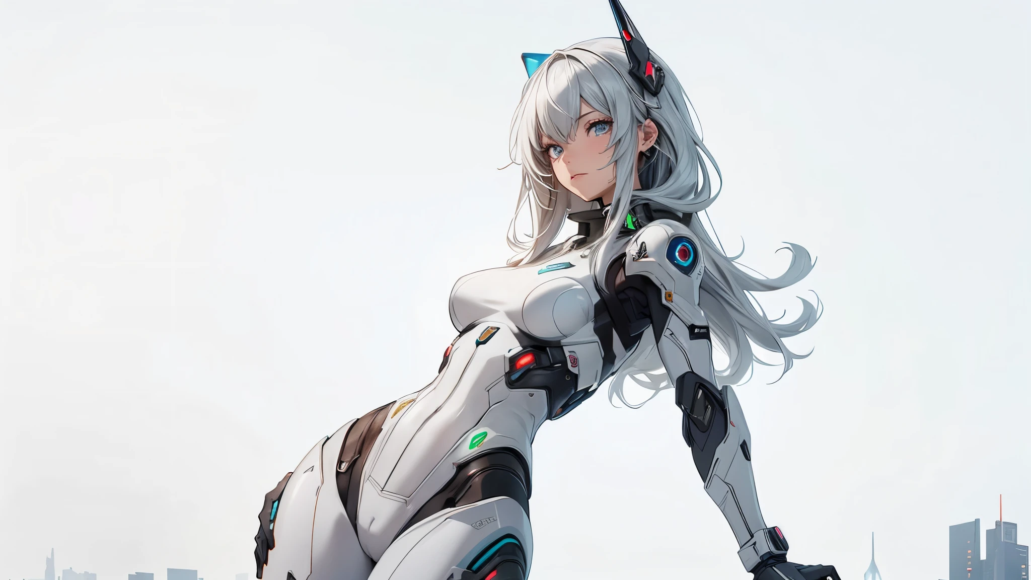 1 garota, a beautiful girl cyborg cyberpunk with a arma de fantasia, fundo da cidade cyberpunk, foco facial, cabelo branco, white machine suit color combination, laranja e preto, the body full of machine, holograma futurista realista, Asian skin tone, lindo olho, Beautiful Asian face, cyber ear machine, suits is solid mecha, realistic machine, Science fiction setting, manipulation is a obra de arte, cabelo longo, obra de arte, terno de cyberpunk, science fiction realistic construction texture mecha aesthetic, ciberpunk digital, pairando sobre uma cidade, cyber technology, cabelo realista, Muito cabelo, branco de cabelo, realistic metal solid texture of building, realistic neon glow, realistic neon sign, wonderful side lighting, Realistic futuristic cyberpunk building, realistic cyberpunk robot girl, mist, nebuloso, obra de arte of detail, imagem bruta, profundidade de campo, ponto de interesse, profundidade de campo is obra de arte, best photography composition obra de arte, natural cabelo realista, rule of third obra de arte photography, natural lighting, photography obra de arte natural lighting from side, Textura de pele realista, Strong reflection, ( pose pinterest) obra de arte beautiful, chifres do diabo, pixel suave, raio de luz, Luz suave, Seios pequenos, cyber mask masterpiece, arma de fantasia, carregue uma arma de fantasia, detalhe da pele,