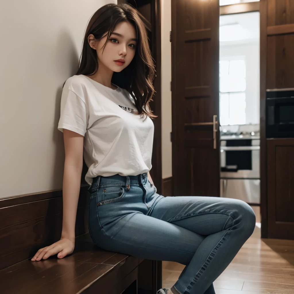 Girl, long brown hair, gray eyes, sharp features, white skin, loose hairstyle, jeans style