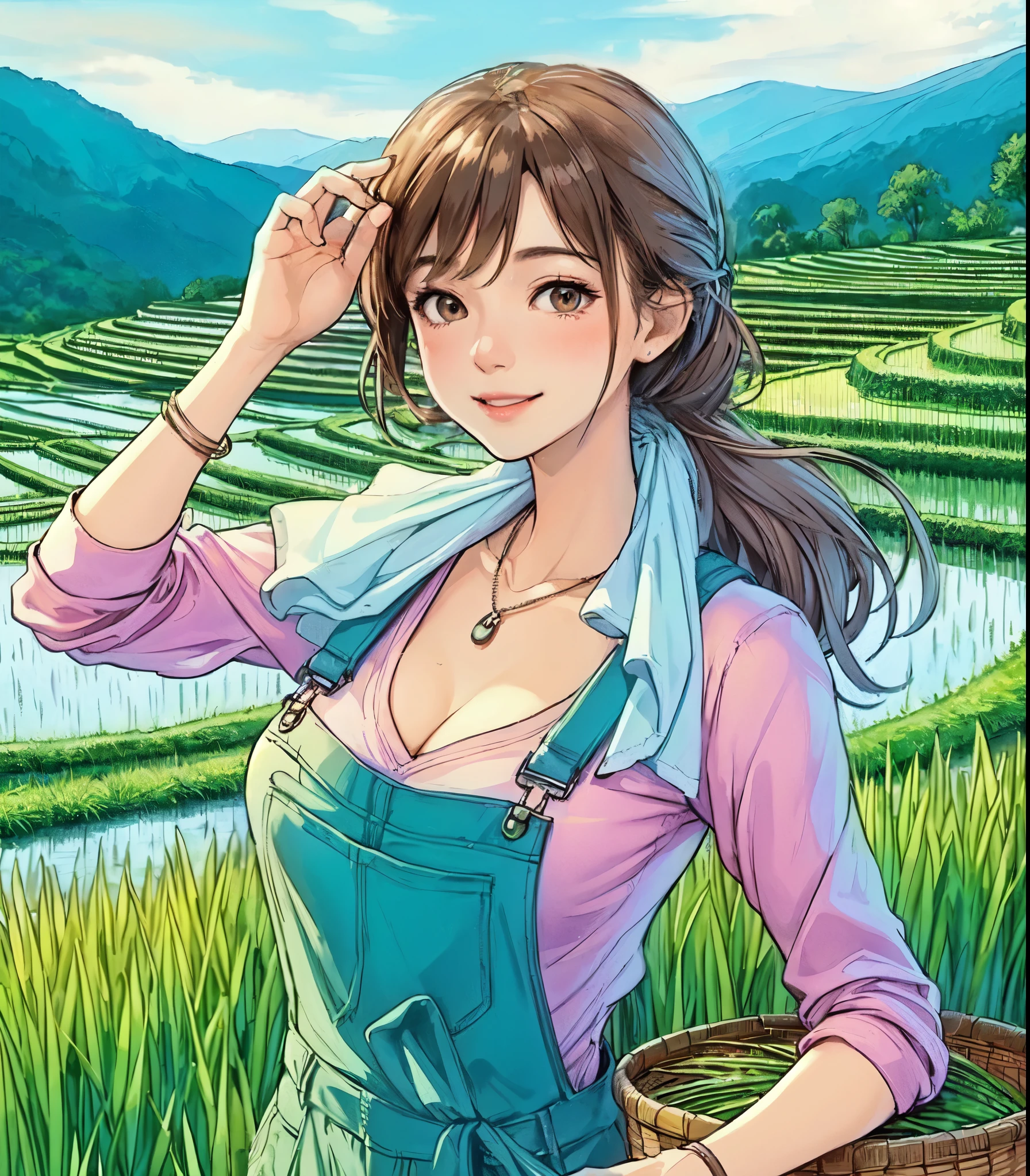 1lady solo, standing, (wiping face with towel), (jumpsuit overalls) stylish, mature female, /(black hair/) bangs, blush light smile, (masterpiece best quality:1.2) delicate illustration ultra-detailed, medium , (towel around neck) BREAK (rice paddy) outdoors, (rice terraces:1.2), countryside, noon, detailed background
