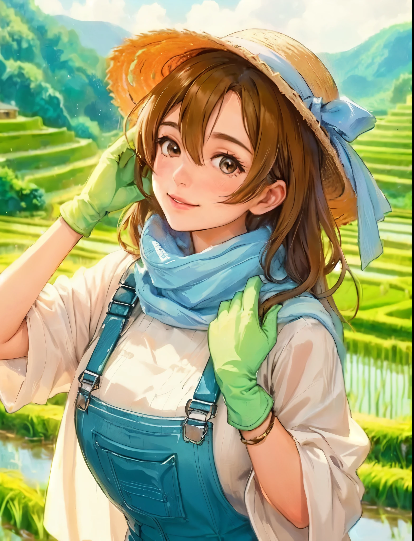 1lady solo, standing, (jumpsuit overalls) stylish, mature female, /(brown hair/) bangs, (straw hat), blush light smile, (masterpiece best quality:1.2) delicate illustration ultra-detailed, medium breasts, (towel around neck), glove BREAK (rice paddy) outdoors, (rice terraces:1.2), countryside, noon, detailed background