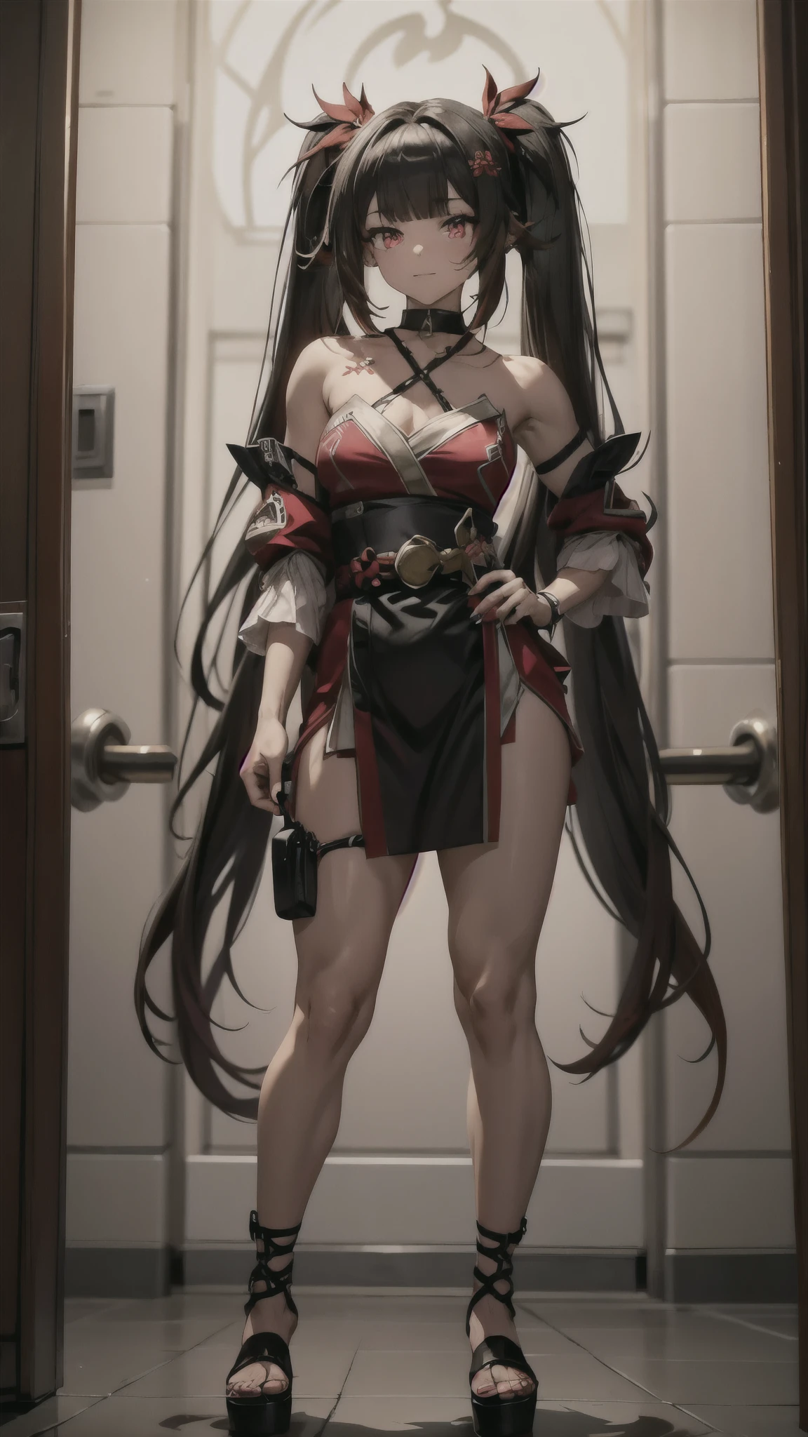 type: Digital Art
style: Anime Style
color: Predominantly red with black and white contrasts.
main character details:
Eye color: Bright crimson red, with luminous highlights.
Hair color: Black with red highlights.
Hair Style: Long with twin tails, adorned with traditional red and gold hair ornaments, Sly and playful smile with a touch of mischief, sadistic, muscular legs, beach scene, standing, full body photo, well-manicured nails, Red nails