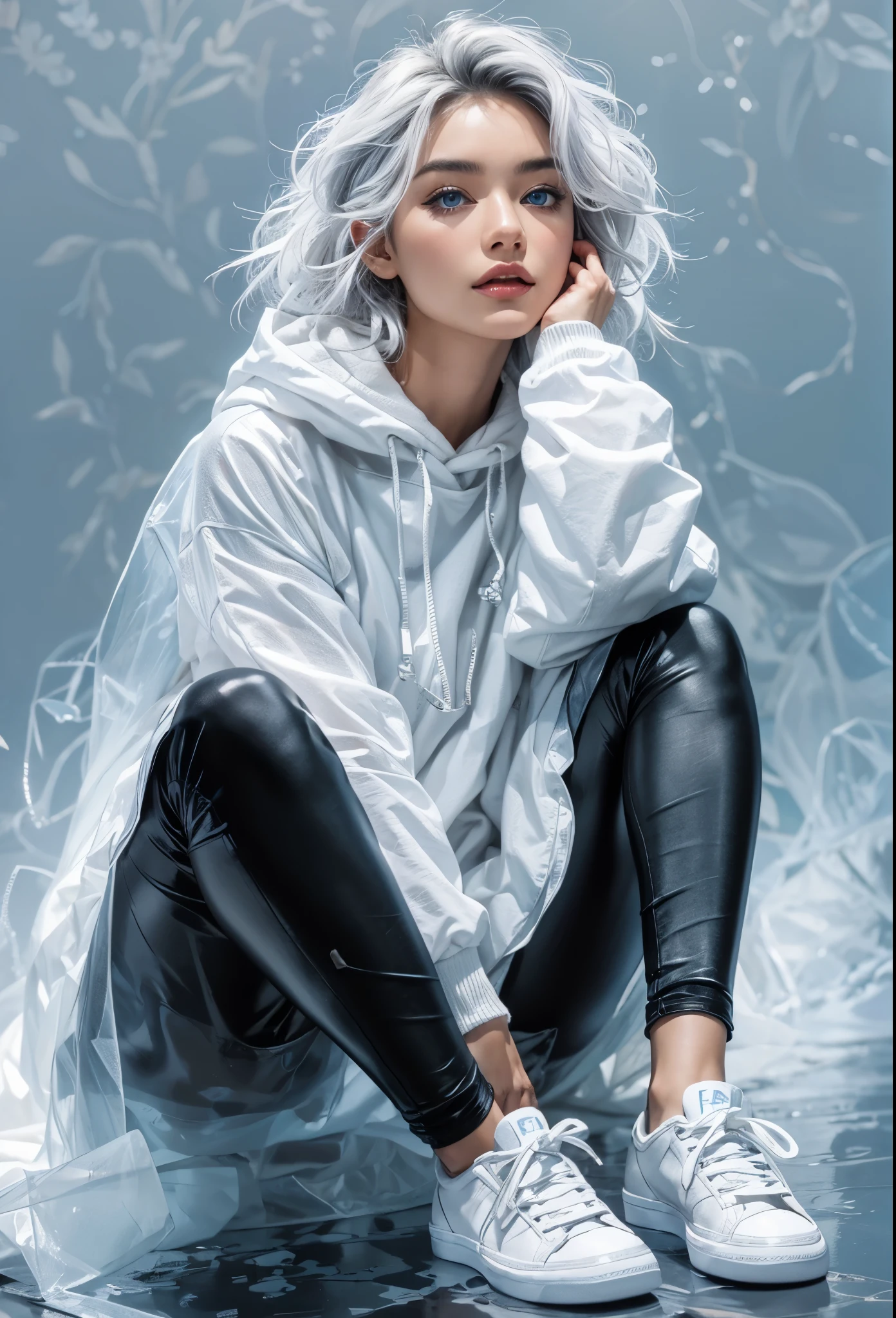 highly detailed, beautiful, masterpiece, best quality, abstract beauty, fashion brand collection, (Beautiful and cute perfect model), gray hair, light color eyes, all body, sitting, Cross the legs, Shiny skin, Detailed face, two legs, approaching perfection, digital painting, concept art, illustration, white and black colors, surreal, abstract forms, fog, mist, complicated background, ultra soft nylon, ultra Fluffy, Fantastically shining Cloth, geometry, over size nylon Parker, black Leggings, white Sneaker, (gray hair, blue eyes:1.2),