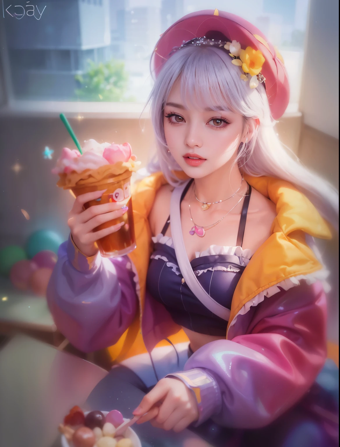 (8k, RAW photo, photorealistic:1.25) ,( lipgloss, eyelashes, glosace, glossy skin, best quality, ultra highres, depth of field, chromatic aberration, caustics, Broad lighting, natural shading,Kpop idol) looking at viewer with a serene and goddess-like happiness,ice cream,candy