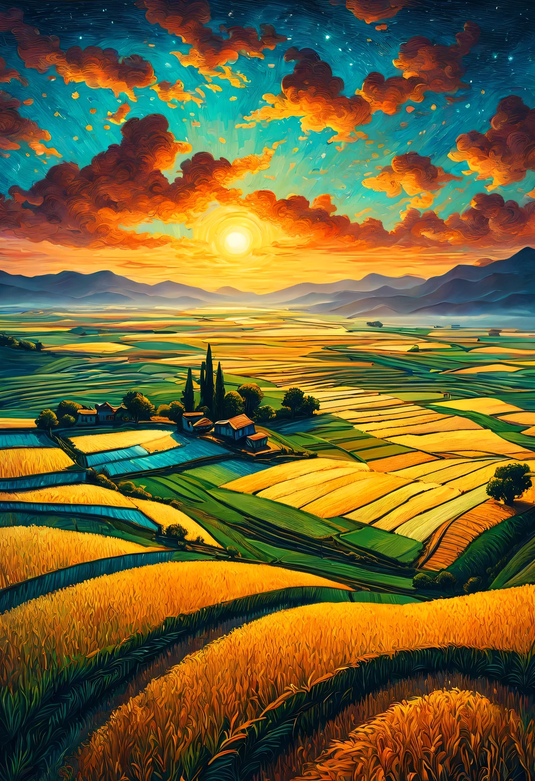 Dan Mumford style，best quality, 8k, high quality, masterpiece: 1.2, Ultra-fine, realism: 1.37, double contact,partial reflection
(Endless rice fields and ), blue sky, dreamy atmosphere, pastel color palette, Vibrant shades, Impressionist brushstrokes, Subtle lighting effects, sunset on the horizon, nature and sky, textured brushstrokes, Crops are abundant、Vibrant, dusk atmosphere, Peaceful idyllic scenery, Shining stars light up the night, create tranquility、Picturesque setting, Be inspired by Van Gogh&#39;s style and technique. Sublime and atmospheric depiction, ethereal beauty, Fascinating celestial phenomenon,