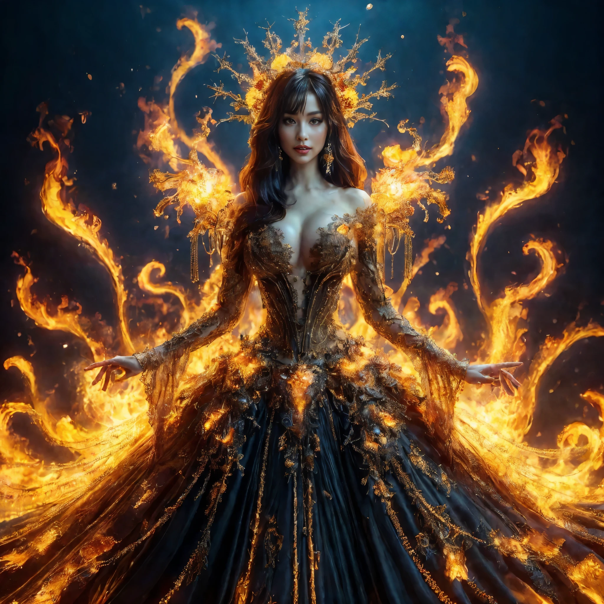 arafed woman with gigantic breast,wearing a dress formed from fire, wearing an ornate outfit, ornate dress, intricate dress, elegant fire dress, ornate and elegant, extravagant dress, inspired by Hedi Xandt, ornate attire, intricate outfit, ornate royal gown, ornate clothing, ornate gown, intricate and elegant, intricate detailed dress, ornate , high heels, royal dress, detailed hand, Fire in the body, water on the dress, lightning element, fire element, lightning wings,full water,Transparent clothing, masterpiece, best quality:1.2),,(8k,highres,RAW photo,realistic,photo-realistic:1.3),(detailed skin texture,detailed cloth texture,detailed water, texture, beautiful detailed face:1.25),professional lighting,photon mapping,beautiful soft light,radiosity,physically-based rendering,raytracing, model shoot style, model shoot style, (extremely detailed CG unity 8k wallpaper), full shot body photo of the most beautiful artwork in the world, (NSFW), (Nude), (Naked), (Nipple)