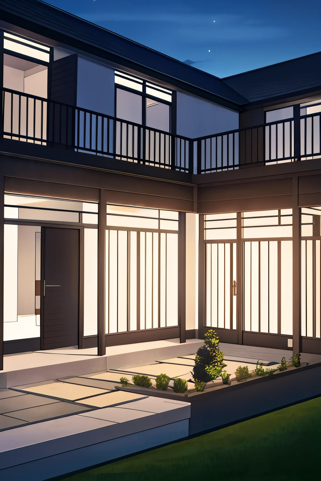 Frontal night view of Doreen's house with a courtyard around it