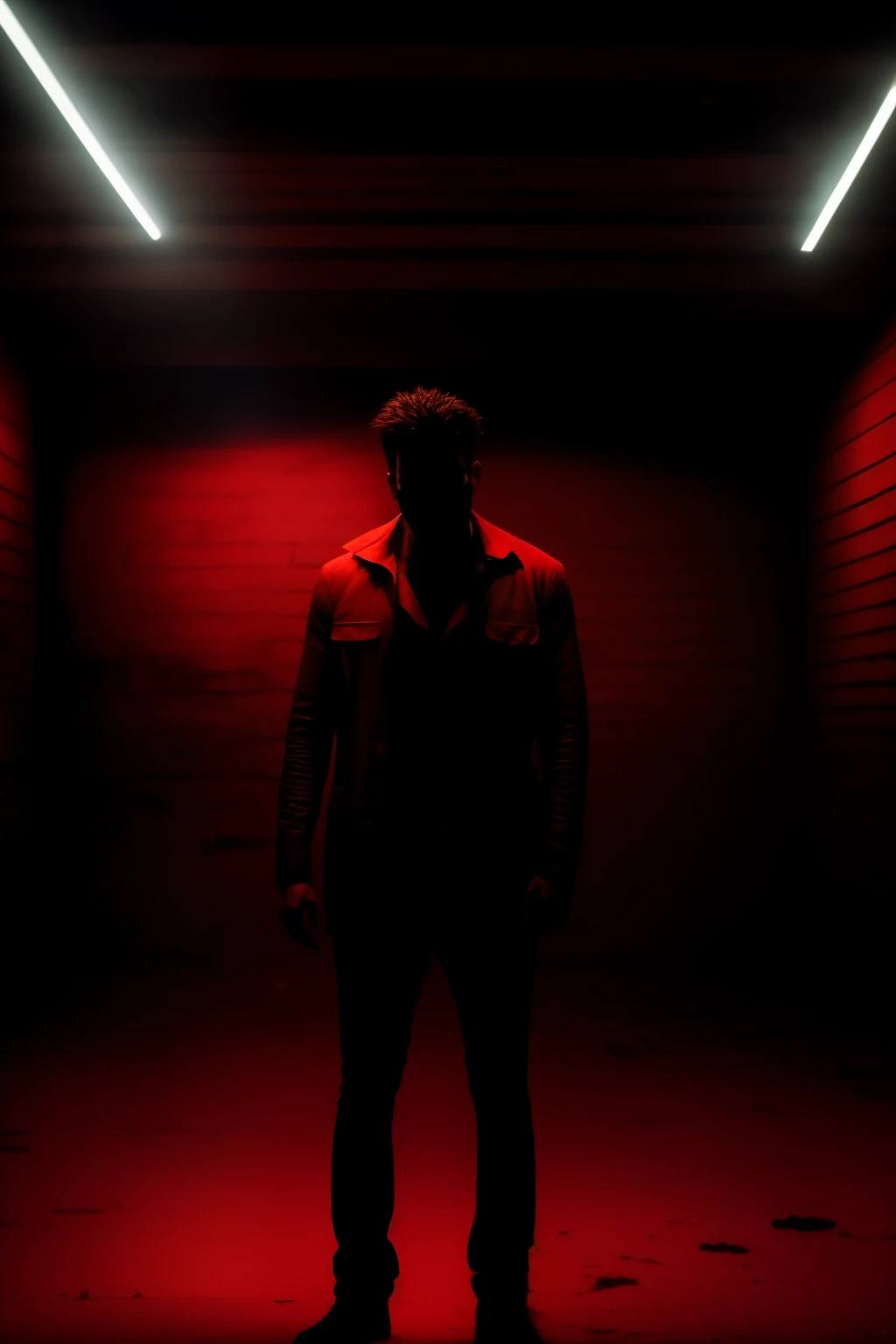 arafed man standing in a dark room with a bloody table, red and cinematic lighting, cinematic red lighting, blood; dark cinematic lighting, movie still 8 k, cinematic and dramatic red light, moody cinematic lighting, film still from a horror movie, still from the movie saw, photorealistic logan movie still, ash williams from the evil dead, dramatic red scary lighting
