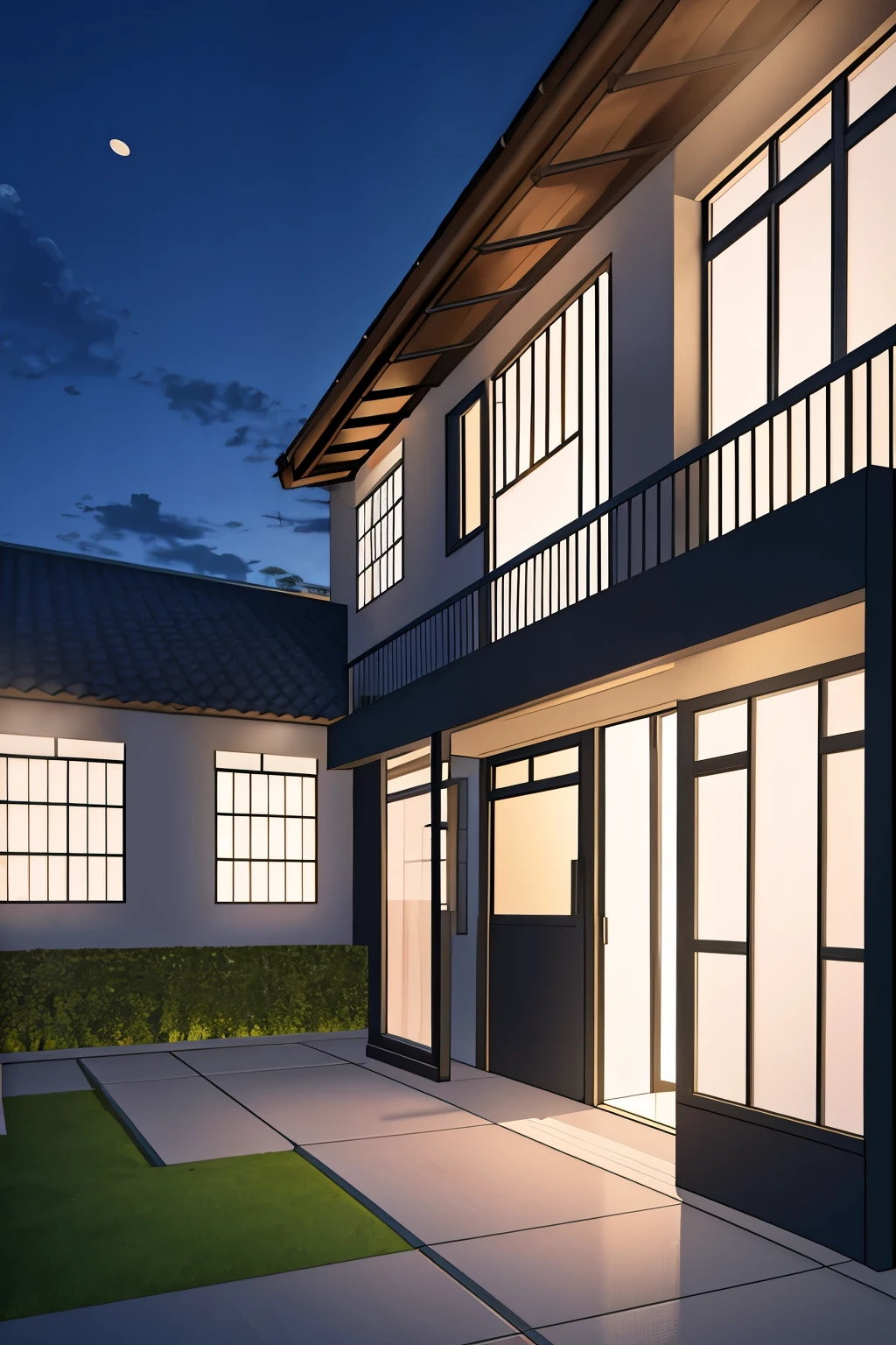 Frontal night view of Doreen's house with a courtyard around it