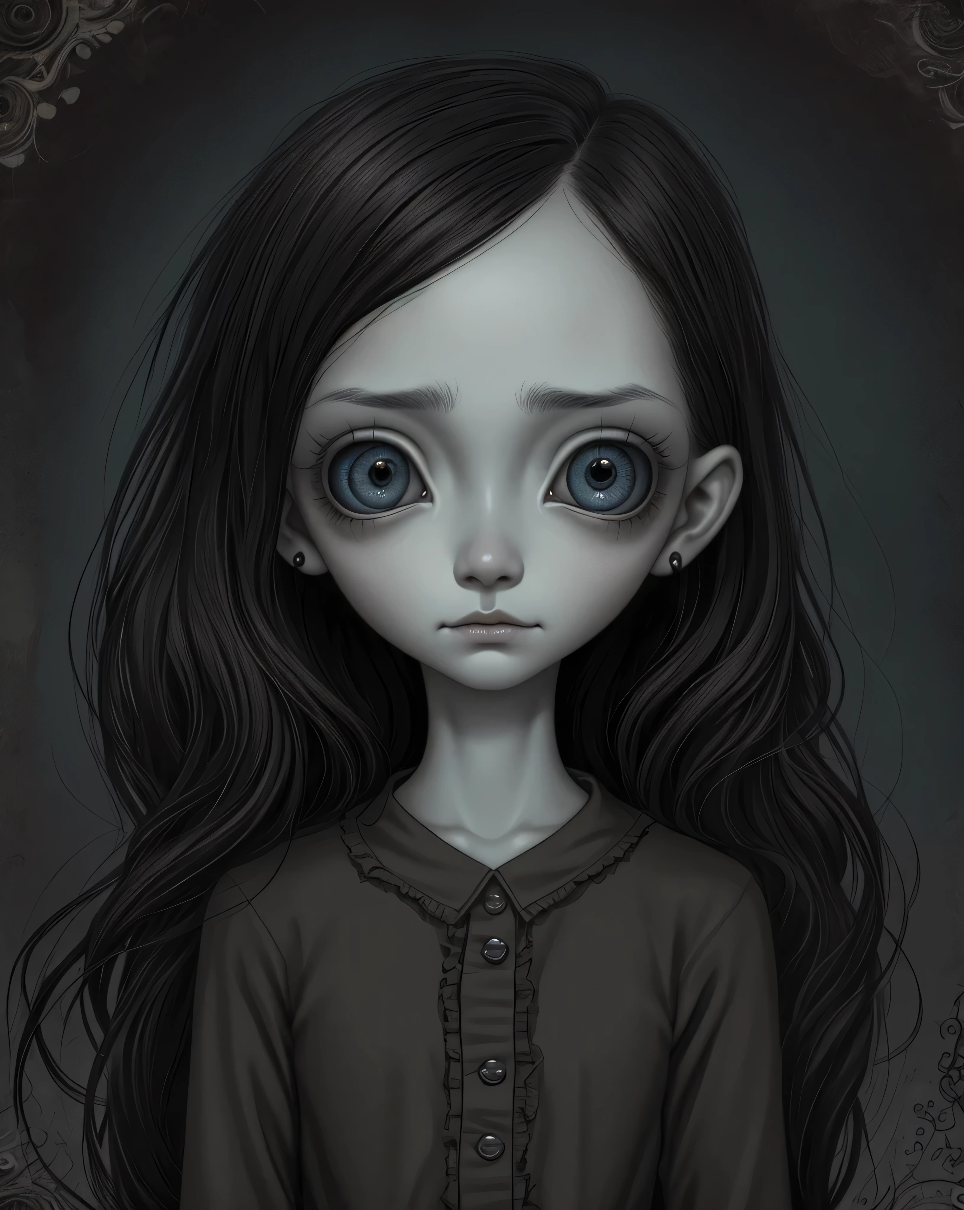 Un primer plano de una chica muy triste con el pelo largo (rubio) Y los grandes ojos azules mostrando enormes ((pechos)), Anton Semenov, Mark Ryden muy detallado, Designed by Mark Ryden, Mark Ryden en el estilo de, Designed by Mark Ryden, inspirado por Mark Ryden, Naoto Hattori, Adorable pintura digital, hermoso rostro. dark fantasy, Estilo Wlop Loish y Clamp, desnuda," lagrimas negras en los ojos"