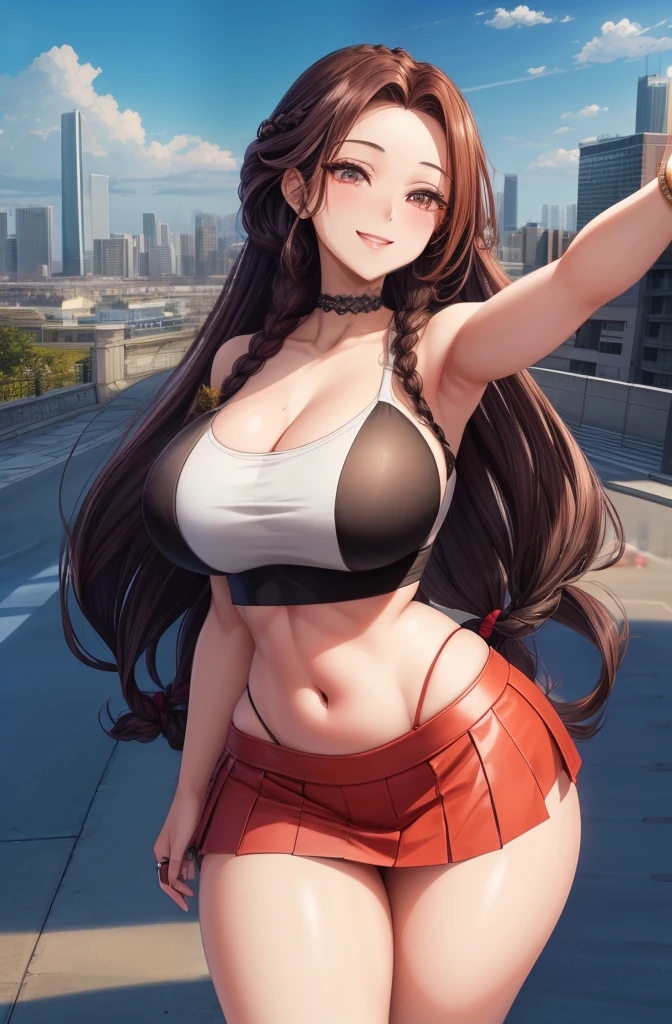 anime, 28 year old woman, taking a selfie, mischievous smile, long hair, dark hair color, stylish hairstyle, side hair long lush hair, long curls of hair pulled to the sides, Braids within the hair, curvy body, proportional body, sexy girl, beautiful mature girl, lovable character, crop top, short skirt, clarity, detailed, detailed face, very detailed drawing, smile, flirty look, city background, saturated background, perfect composition, soft natural volumetric cinematic perfect light, masterpiece