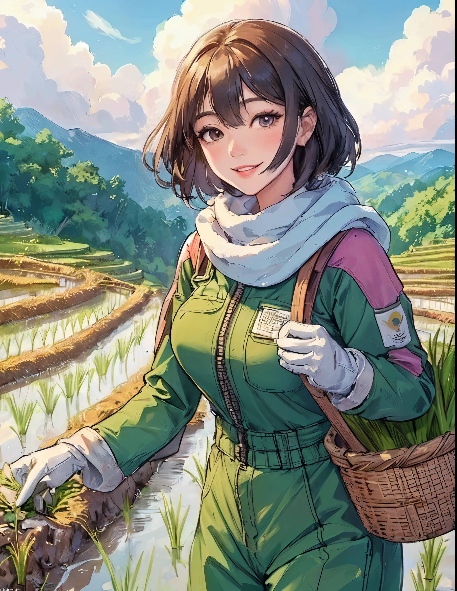 1lady solo, standing, (jumpsuit overalls) stylish, mature female, /(dark brown hair/) bangs, blush light smile, (masterpiece best quality:1.2) delicate illustration ultra-detailed, large breasts, (towel around neck), glove BREAK (rice paddy) outdoors, (rice terraces:1.2), countryside, noon, detailed background