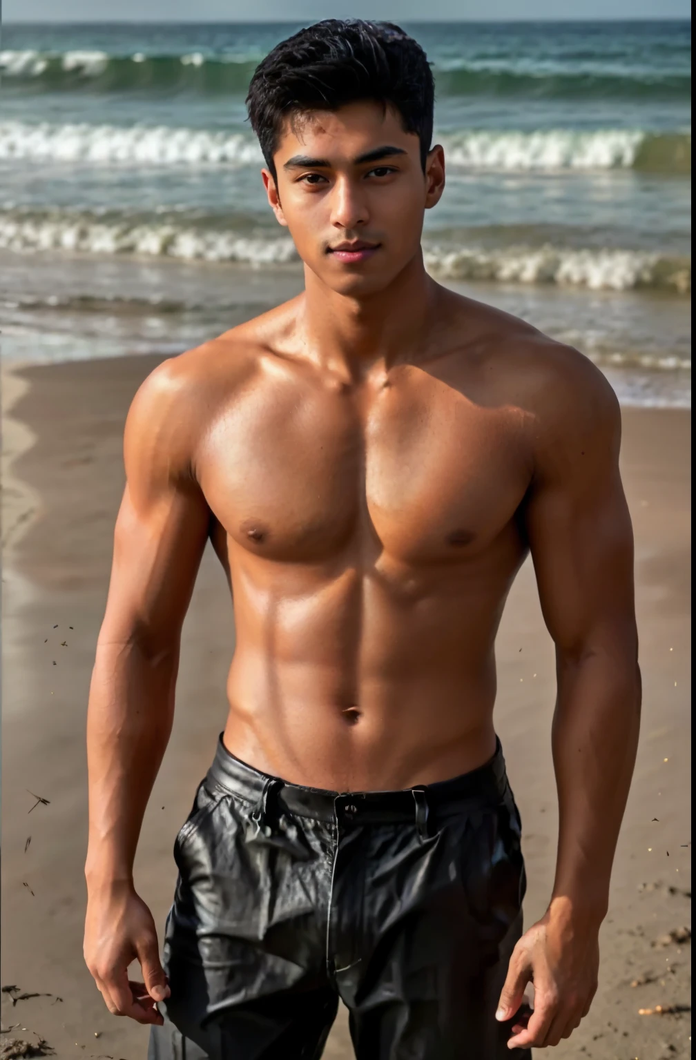 1 person，A handsome 20-year-old Indian boy，Expose abs，Wear long pants，On the beach，Wear leather shoes，Whole human body，gentlesoftlighting，masterpaintings，optimal quality，8K  UHD，digital DSLR camera，filmgrain，Fujifilm XT3 Realistic painting art，Written by Midjourney and Greg Rutkowski