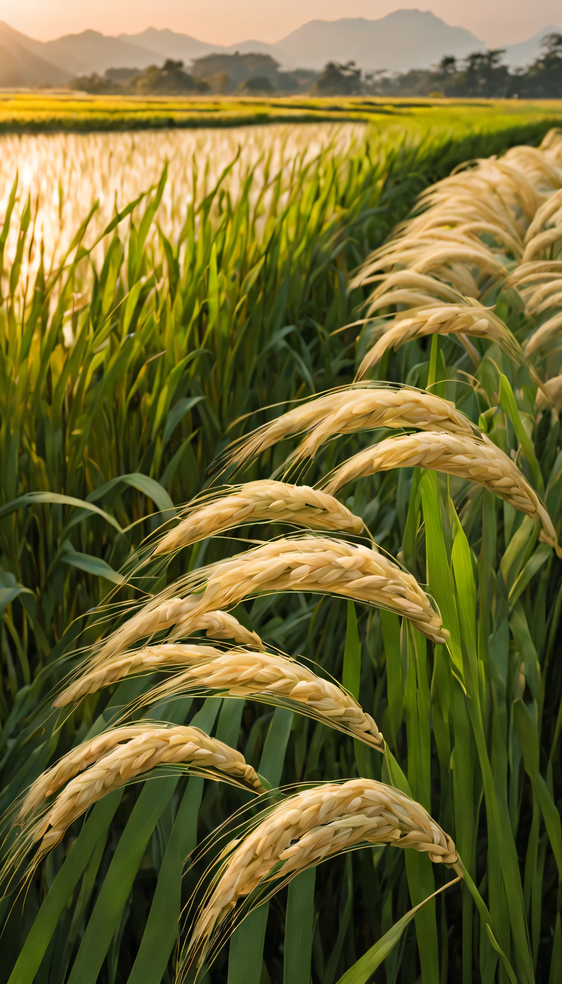 rice paddy/paddy(masterpiece, best quality, super detailed, lifelike),光暈渲染在一望無際paddy.夕陽西下照映paddy.Brilliant light and shadow.Rice ears close-up.plump and low.The wind blows the rice waves.paddy旁的野餐.There are ears of rice in the foreground(best quality,4k,8k,high resolution,masterpiece),super detailed,