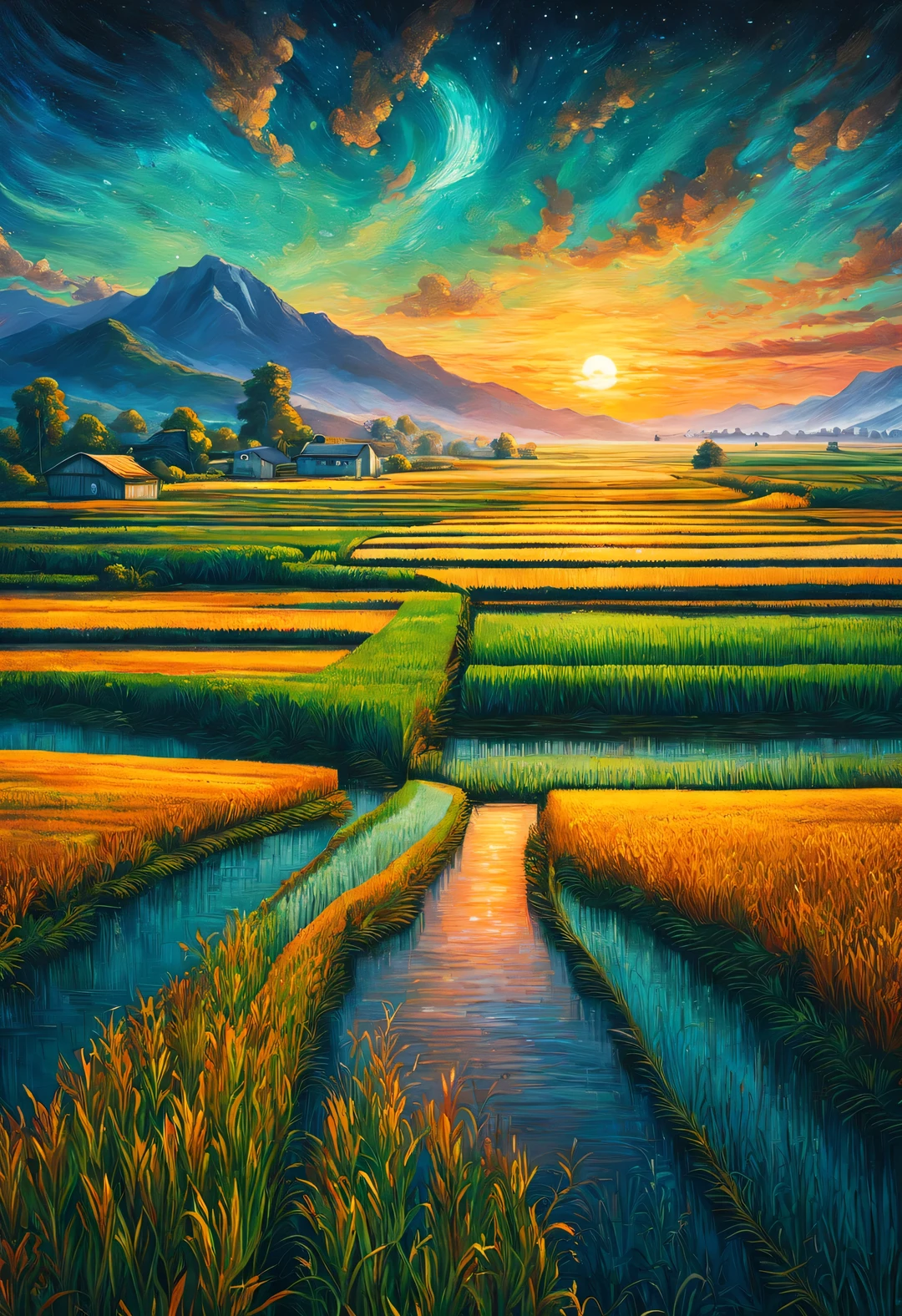 Dan Mumford style，best quality, 8k, high quality, masterpiece: 1.2, Ultra-fine, realism: 1.37, double contact,partial reflection
(Endless rice fields and ), blue sky, dreamy atmosphere, pastel color palette, Vibrant shades, Impressionist brushstrokes, Subtle lighting effects, sunset on the horizon, nature and sky, textured brushstrokes, Crops are abundant、Vibrant, dusk atmosphere, Peaceful idyllic scenery, Shining stars light up the night, create tranquility、Picturesque setting, Be inspired by Van Gogh&#39;s style and technique. Sublime and atmospheric depiction, ethereal beauty, Fascinating celestial phenomenon,