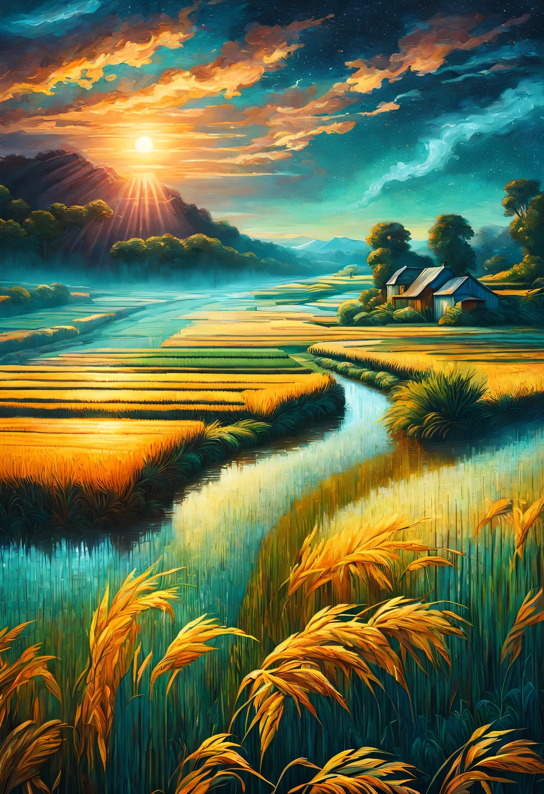 Dan Mumford style,best quality, 8k, high quality, masterpiece: 1.2, Ultra-fine, realism: 1.37, double contact,partial reflection
(Endless rice fields and ), blue sky, dreamy atmosphere, pastel color palette, Vibrant shades, Impressionist brushstrokes, Subtle lighting effects, sunset on the horizon, nature and sky, textured brushstrokes, Crops are abundant、Vibrant, dusk atmosphere, Peaceful idyllic scenery, Shining stars light up the night, create tranquility、Picturesque setting, Be inspired by Van Gogh's style and technique. Sublime and atmospheric depiction, ethereal beauty, Fascinating celestial phenomenon,