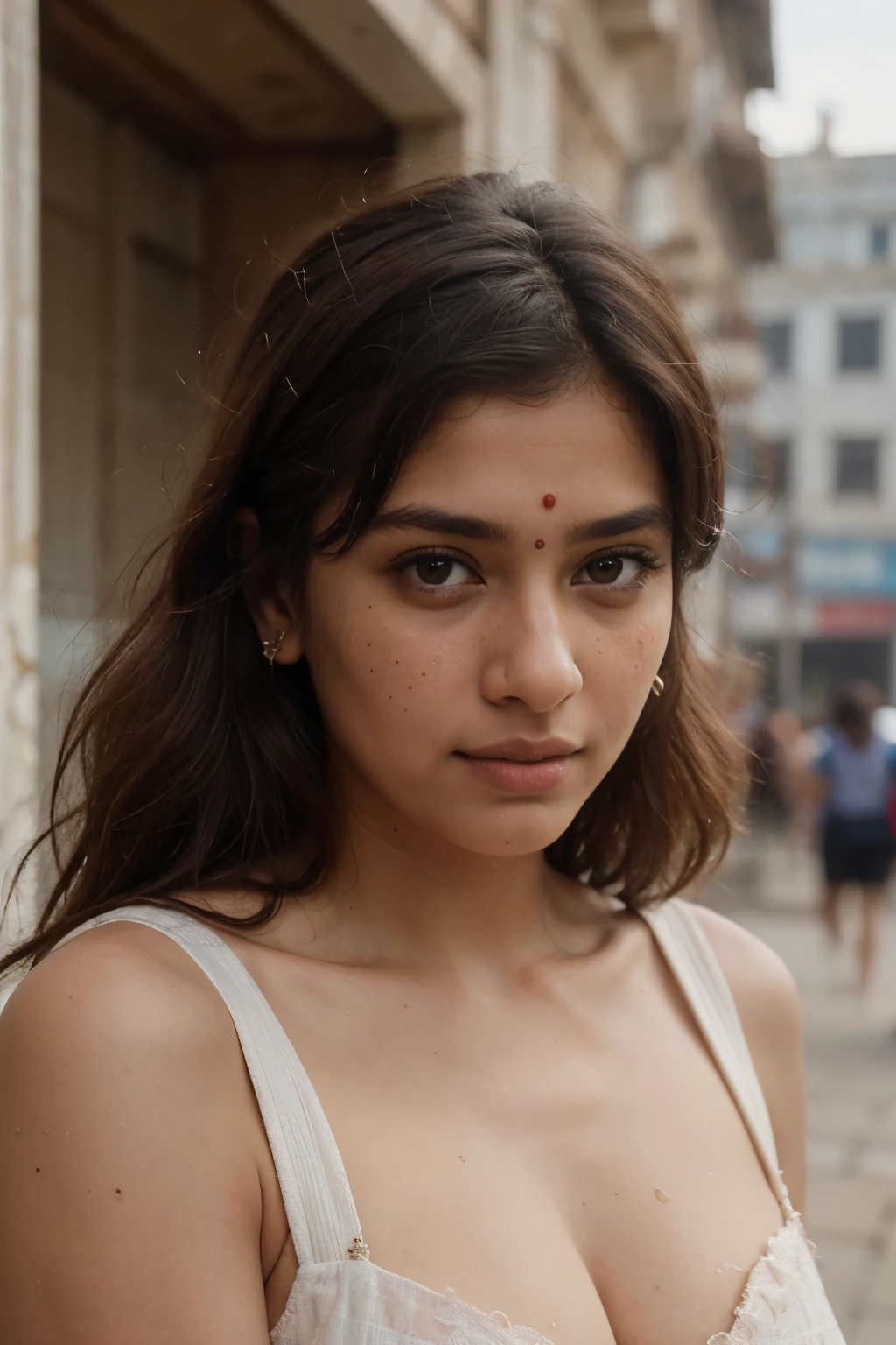 Best quality, masterpiece, super high resolution, a Tall , fair complexion , medium skin tone , freckles , amber coloured eyes , brown wavy haired 24 years Indian girl who lives in Ayodhya and is searching for her future husband