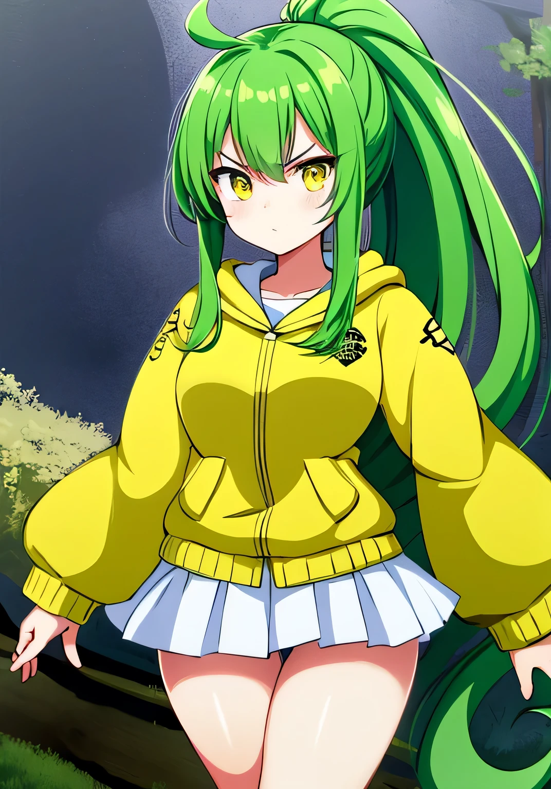 Anime Frau, big ass, long green hair, Pferdeschwanz, gelbe Augen, White shirt, green jacket, kurzer Rock, white panties, angry, geil