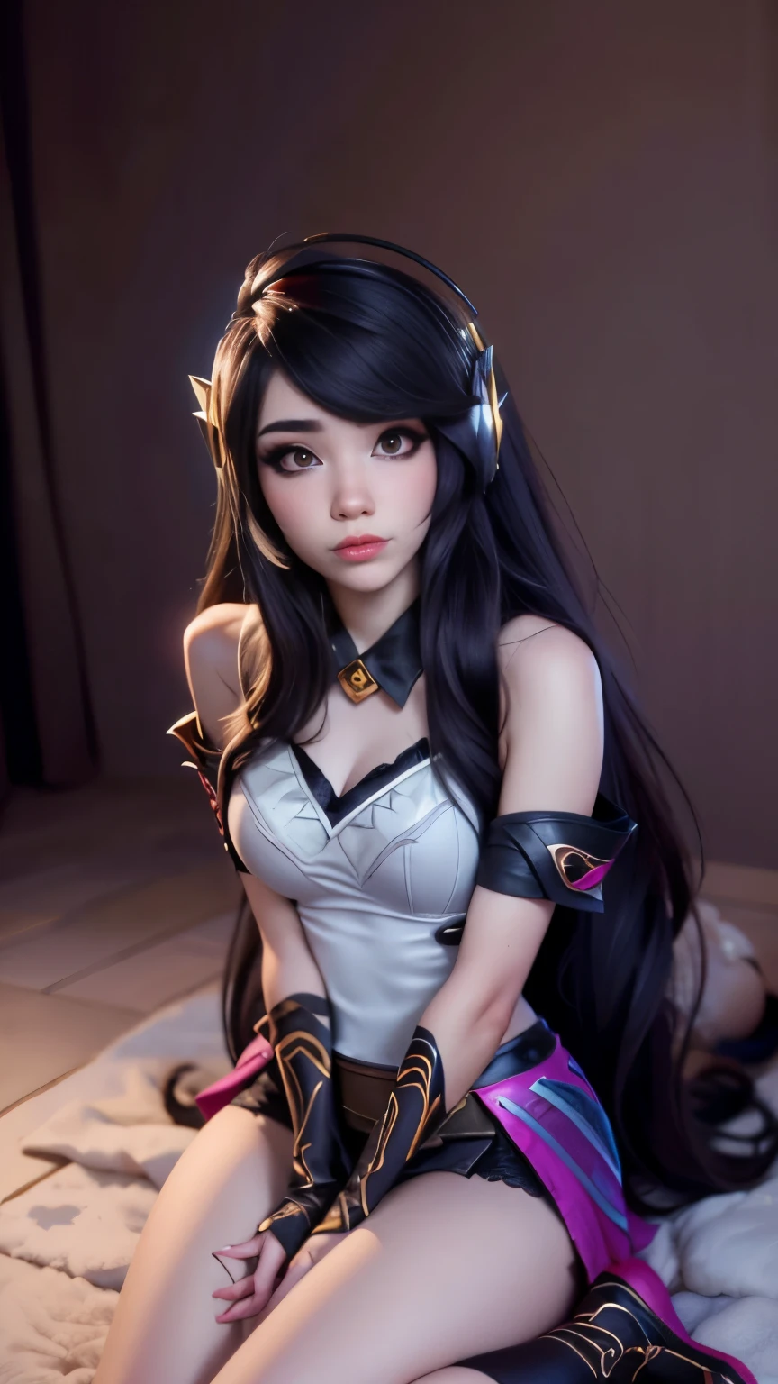 photo of Emiru, RAW, beautiful woman, ((portrait)), ((detailed face:1.2)), shy smile, ((detailed facial feature, detailed skin, clear skin), (perfect proportioned body), ((wearing ari cosplay from league of legends:1.5),  (sitting on floor, looking up at viewer, pov:1.3), (high detailed bedroom environment), (realistic photo, best quality, detailed), (8k wallpaper), (cinematic lighting, dramatic lighting) (sharp focus, intricate)