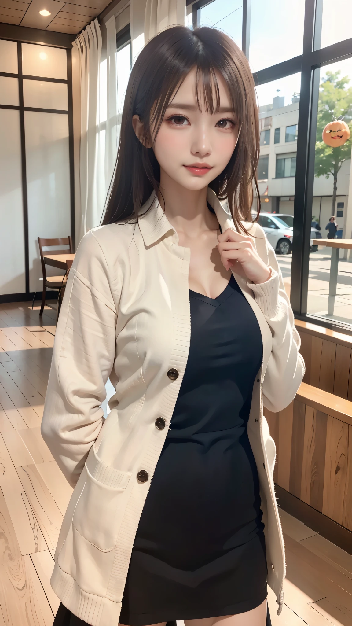 1 beautiful young girl, Super beautiful detailed face, smile shyly, symmetrical black eyes, small breasts), (red houndstooth coat:1.4), (off-white turtleneck sweater dress:1.3), hime cut hair, (Fine face:1.2), High quality, Realistic, extremely detailed CG unified 8k wallpaper, highly detailed, High-definition raw color photos, professional photography, Realistic portrait, Cinematic Light, Beautiful detailed, Super Detail, high details, (((Bokeh))), depth of fields, illumination, Neon Street, Super stylish lighting, halloween night, pumpkin lantern