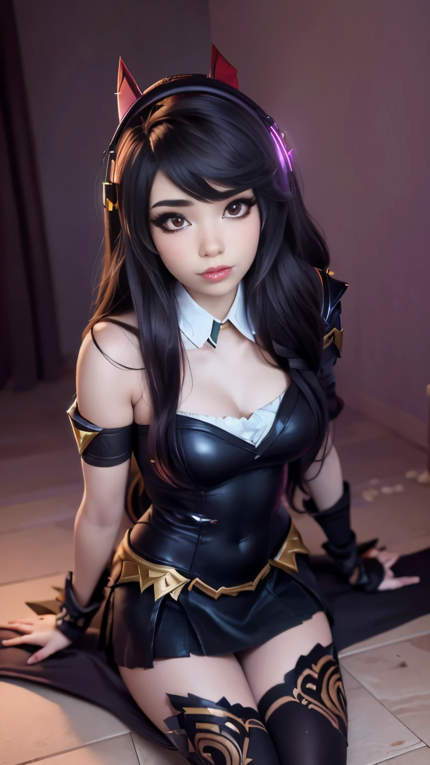 photo of Emiru, RAW, beautiful woman, ((portrait)), ((detailed face:1.2)), shy smile, ((detailed facial feature, detailed skin, clear skin), (perfect proportioned body), ((wearing ari cosplay from league of legends:1.5),  (sitting on floor, looking up at viewer, pov:1.3), (high detailed bedroom environment), (realistic photo, best quality, detailed), (8k wallpaper), (cinematic lighting, dramatic lighting) (sharp focus, intricate)