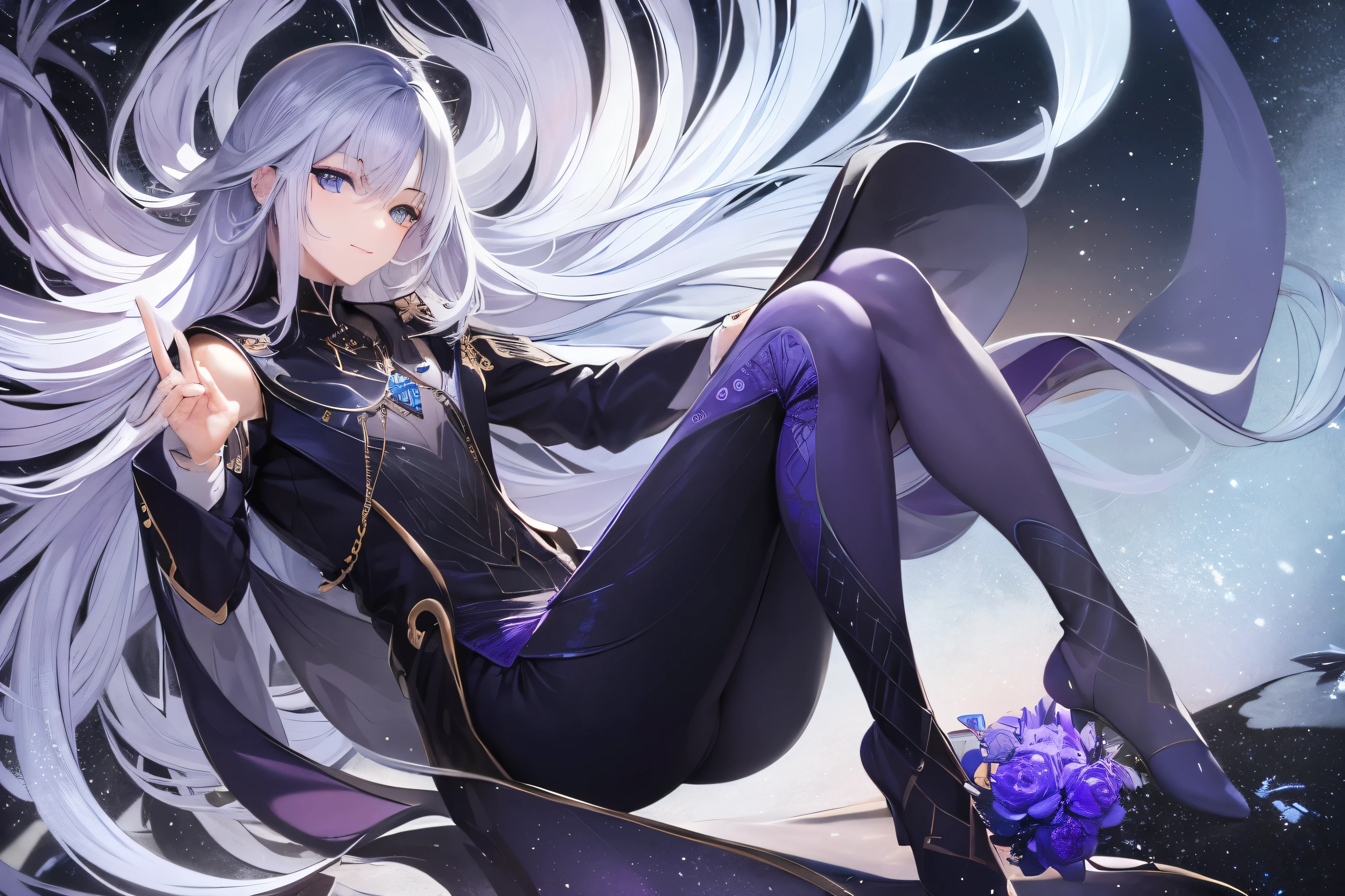 boy, beautiful facial features, soft, calm smile, fox dark blue eyes without glare, white and dark purple long hair, Elegant suit in black fancy cut with blue and purple elements, A lot of silver jewelry, flowers in his hair, whole body