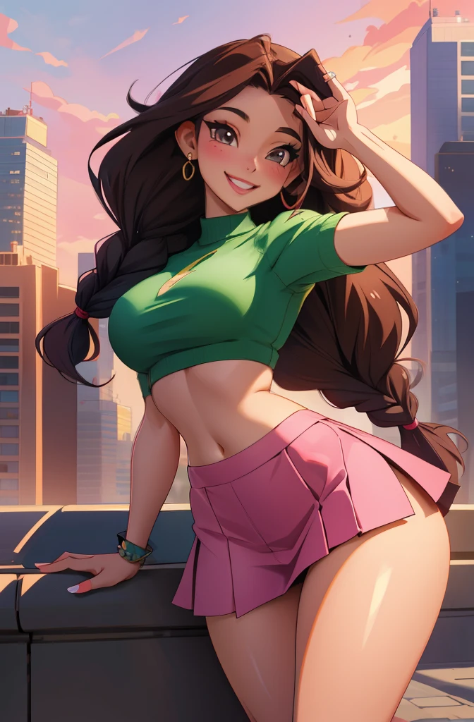 anime, 28 year old woman, taking a selfie, mischievous smile, long hair, dark hair color, stylish hairstyle, side hair long lush hair, long curls of hair pulled to the sides, Braids within the hair, curvy body, proportional body, sexy girl, beautiful mature girl, lovable character, crop top, short skirt, clarity, detailed, detailed face, very detailed drawing, smile, flirty look, city background, saturated background, perfect composition, soft natural volumetric cinematic perfect light, masterpiece