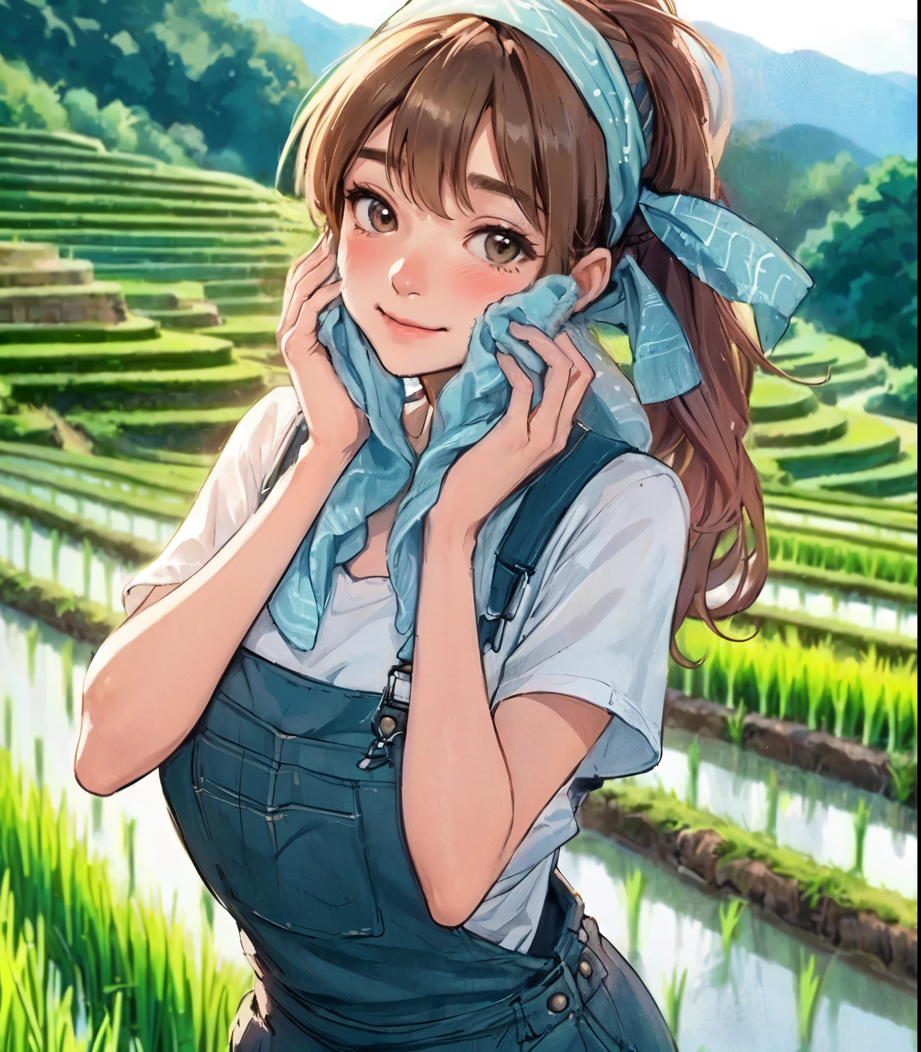 1lady solo, standing, (wiping face with towel), (jumpsuit overalls) stylish, mature female, /(light brown hair/) bangs, (bandana), blush light smile, (masterpiece best quality:1.2) delicate illustration ultra-detailed, medium breasts, (towel around neck) BREAK (rice paddy) outdoors, (rice terraces:1.2), countryside, noon, detailed background