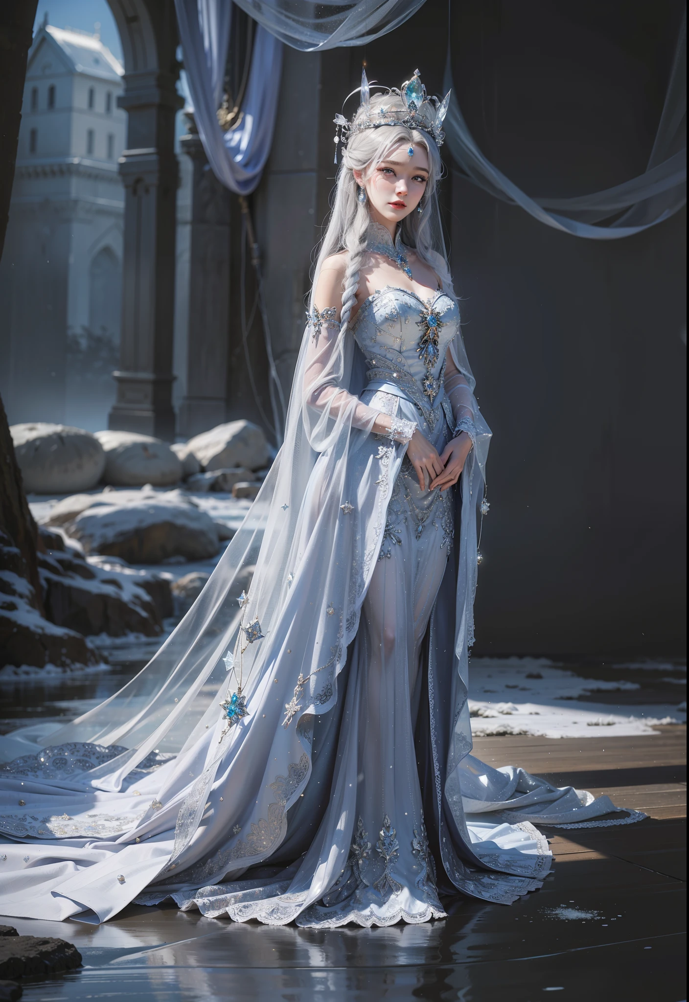 Royal sister,exquisite eyes,Frozen queen,put the crown on your head,Detailed facial expressions body,tall figure,Gorgeous,Leg length,4k,HD,Sensual,translucent lace,白皙plump figure,pretty face,Little cherry mouth,beautiful and delicious(3D royal sister),plump figure,gloss gel coat,Queen in luxurious dress,Crystal Gem Crown,Angel of light wearing armor,