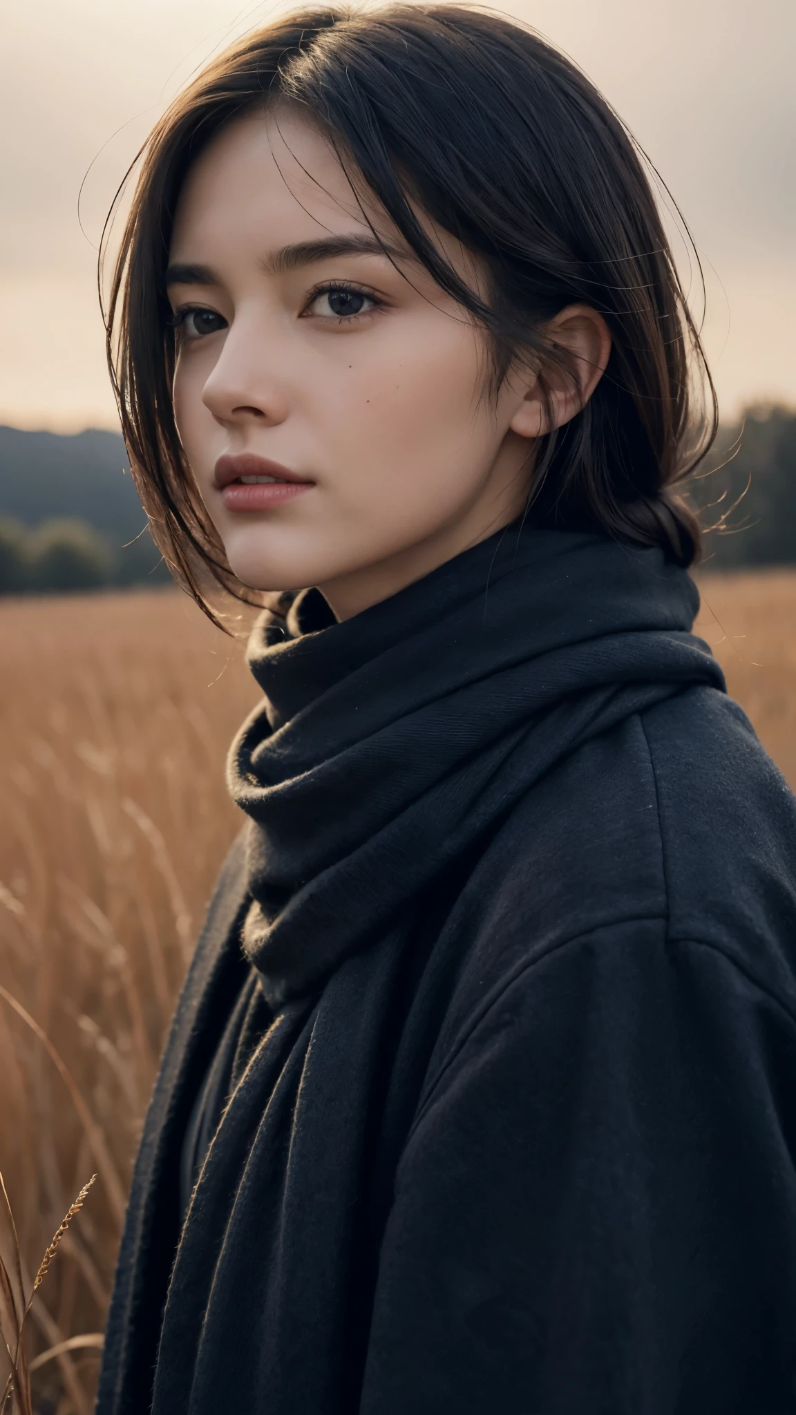 8k, highest quality, masterpiece, realistic, Super detailed, photo realistic, Improvement of quality, 
Photo of a girl standing in a field with a scarf, In a dark and brooding designer style, voluminous mass, photo bash, calm face, jagged edges, navy, beauty of nature, close up shot
