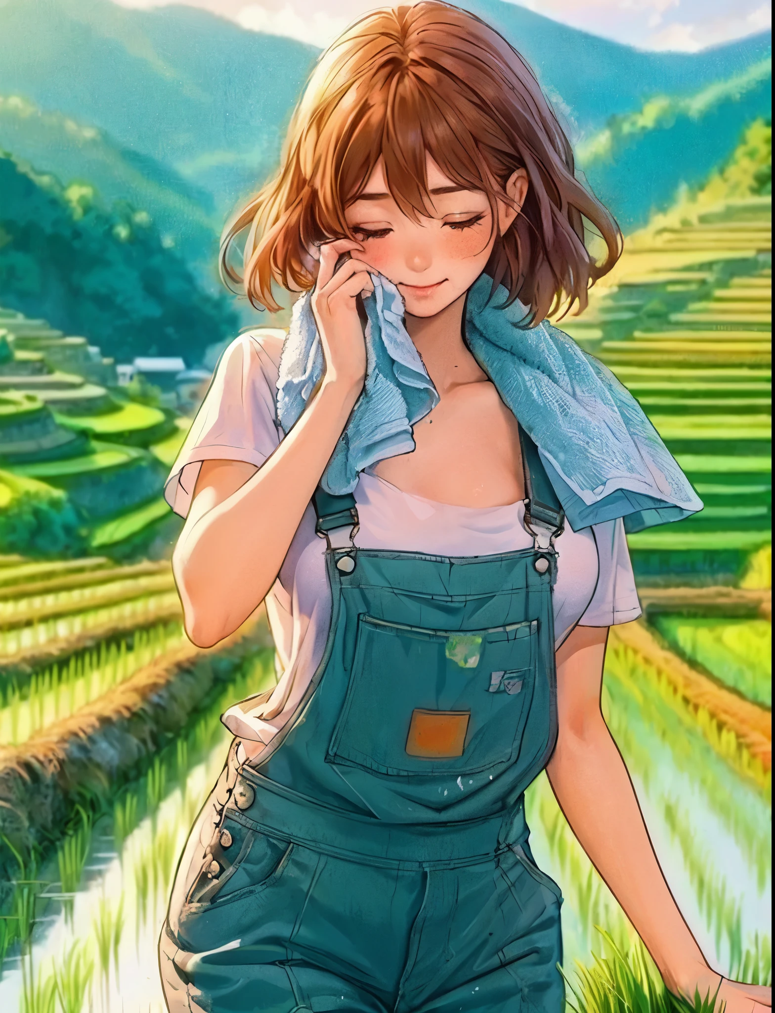 1lady solo, standing, (wiping face with towel), (jumpsuit overalls) stylish, mature female, /(reddish brown hair/) bangs, blush (light smile:0.8), (masterpiece best quality:1.2) delicate illustration ultra-detailed, medium breasts, (towel around neck) BREAK (rice paddy) outdoors, (rice terraces:1.2), countryside, noon, detailed background