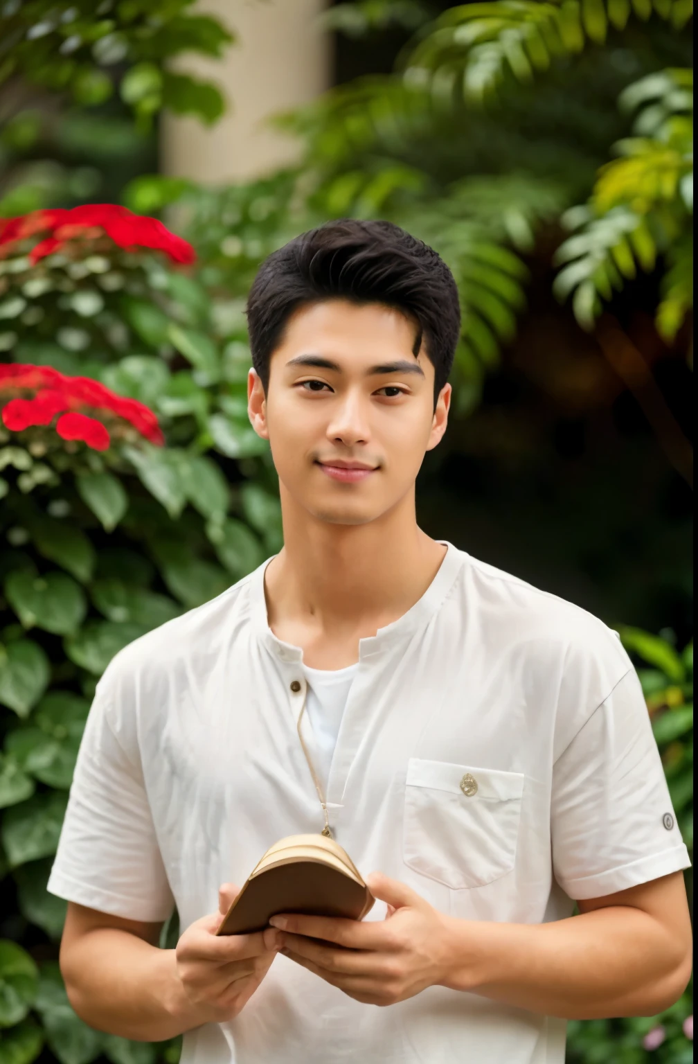 (best quality,4k,8k,highres,masterpiece:1.2),ultra-detailed,(realistic,photorealistic,photo-realistic:1.37),young boy with ectomorphic body type,22-year-old Indian boy ,soft facial features,intelligent eyes,thin lips,handsome face,medium length brown hair,dressed in casual attire,standing in a lush green garden surrounded by colorful flowers,with a gentle smile on his face,sparkling eyes radiating curiosity,holding a book in his hand,absorbed in reading,harmonious lighting illuminating his face and the surrounding area,vivid colors adding life to the scene,subtle bokeh effect in the background,adding depth to the image.