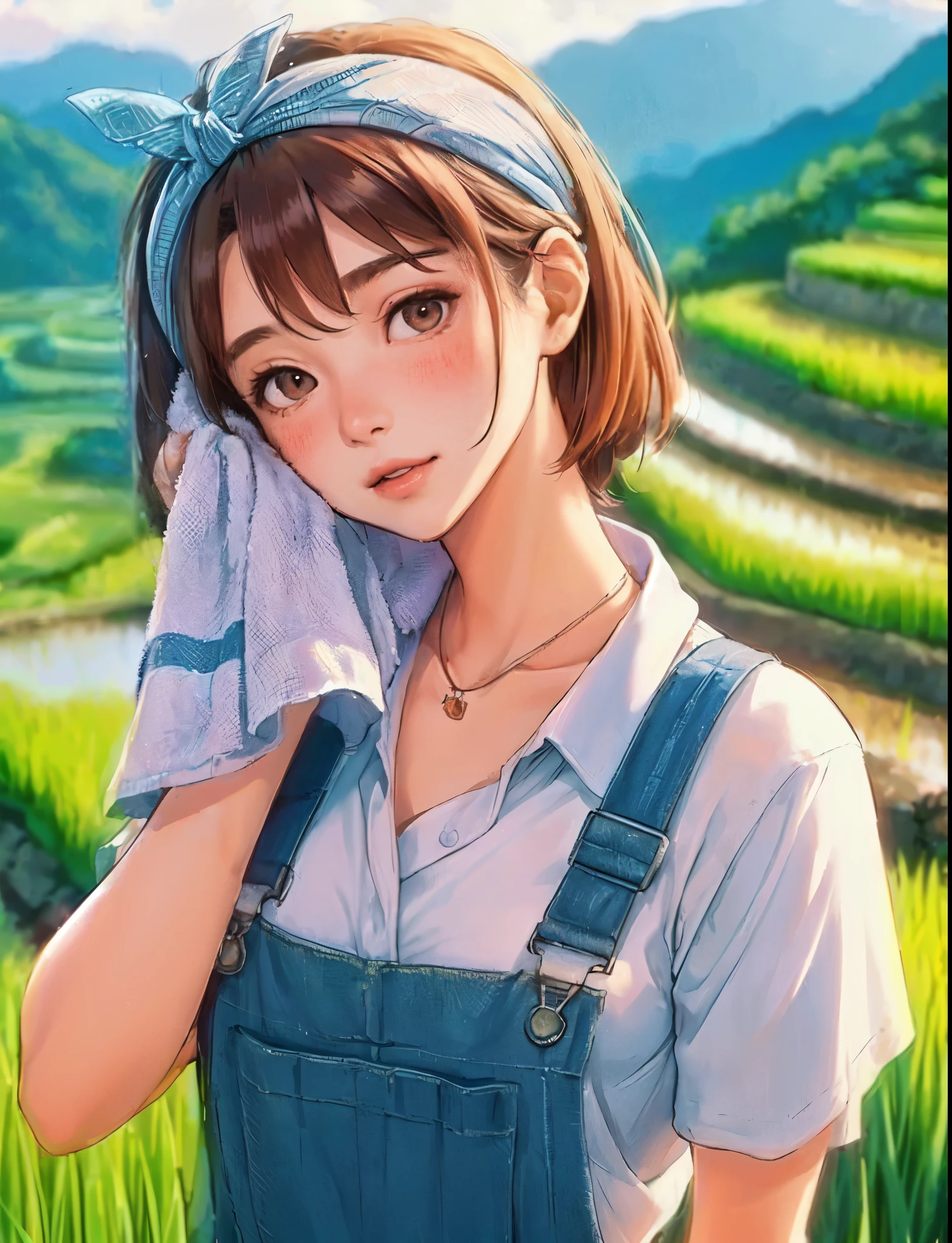 1lady solo, standing, (wiping face with towel), (jumpsuit overalls) stylish, mature female, /(black hair/) bangs, blush light smile, (masterpiece best quality:1.2) delicate illustration ultra-detailed, medium , (towel around neck) BREAK (rice paddy) outdoors, (rice terraces:1.2), countryside, noon, detailed background