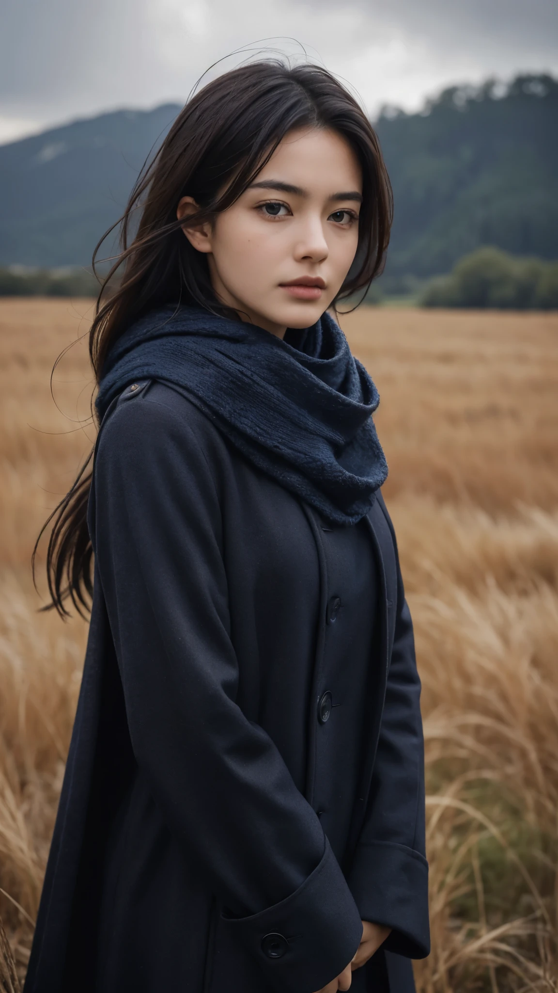 8k, highest quality, masterpiece, realistic, Super detailed, photo realistic, Improvement of quality, 
Photo of a girl standing in a field with a scarf, In a dark and brooding designer style, voluminous mass, photo bash, calm face, jagged edges, navy, beauty of nature, close up shot
