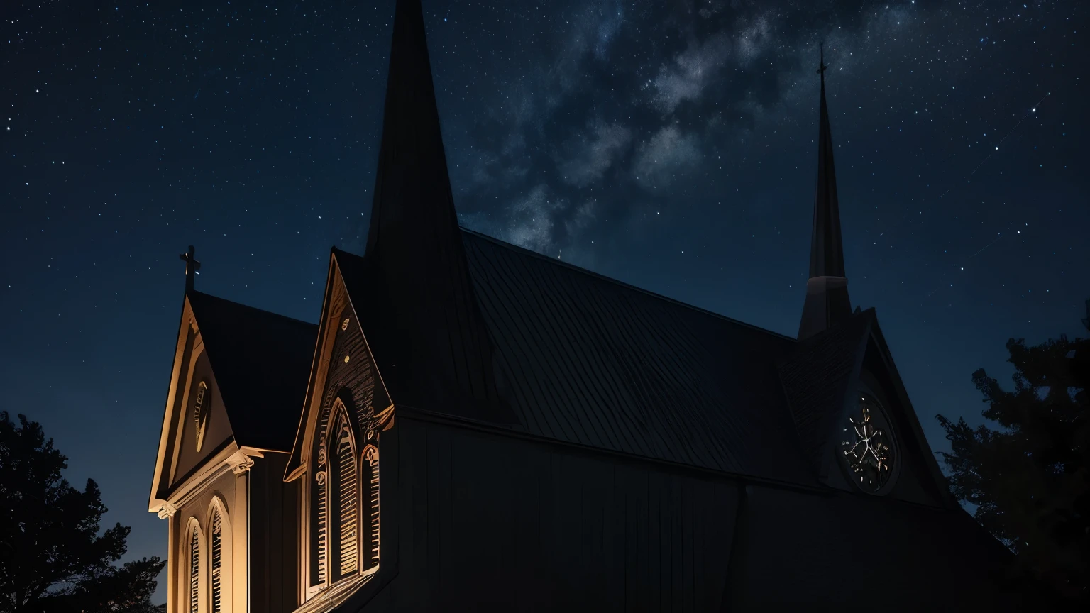 Church Steeple Against the Night Sky: A church steeple reaching towards the heavens, framed by the dark expanse of the night sky.