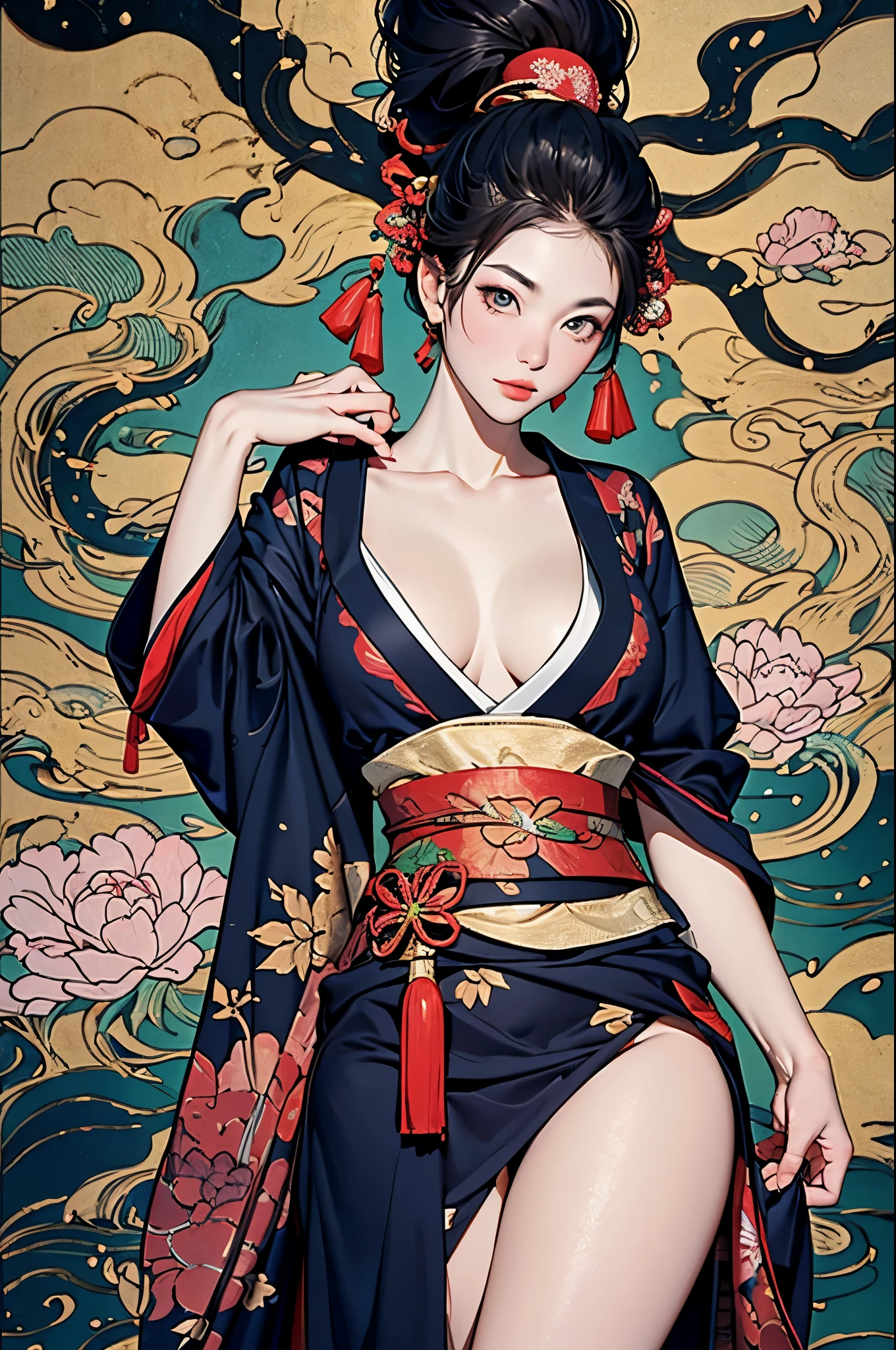 Umalinda warrior sexy, pretty face, Delicious Company, Alluring figure, Wearing a sexy open kimono. The artwork is created in a medium reminiscent of Japanese ink paintings....., 具有大胆的笔触和Monochromatic color palette. artist&#39;Masterful technique reveals the intensity and power of the image&#39;sense of presence，with the highest quality, Perfectly capture every detail with ultra-high resolution. Textures and intricate patterns on kimonos are rendered with extreme precision. Lighting is carefully designed，Enhance drama, Features deep shadows and subtle highlights. General, The artwork exudes elegance and power, Combining traditional Japanese aesthetics with a modern feel. Monochromatic color palette, Combine details, Create captivating and immersive experiences for your audience.