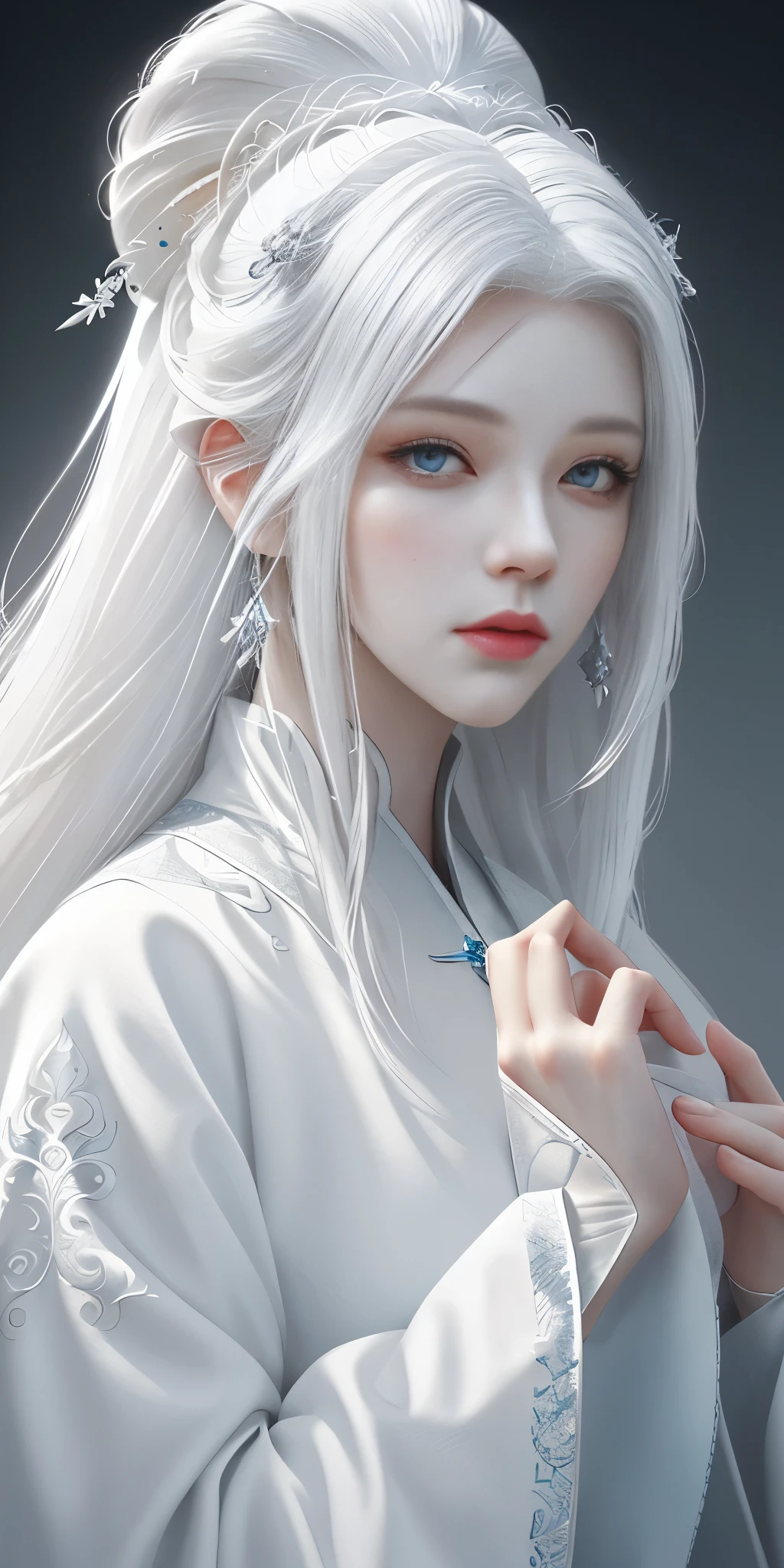 Close-up of a woman with white hair and a white mask, beautiful character drawings, Gweiz, artwork in the style of Gweiz, white haired god, by ヤン・J, magnificent exquisite character art, great character art, Written by Fan Chi, Written by Wujun Shifan, Gweiz on pixiv artstation