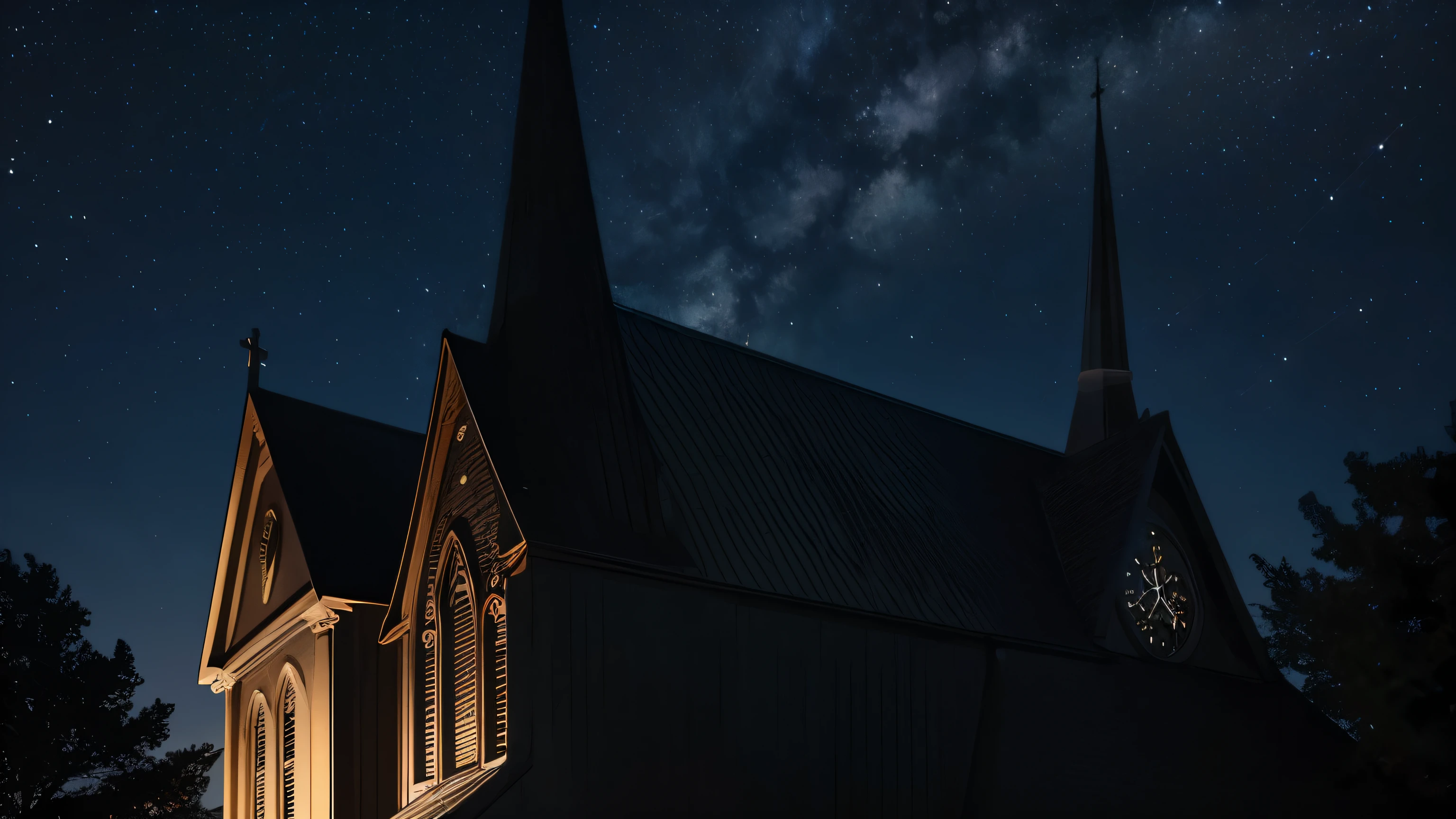 Church steeple and night sky: The church steeple towers into the heavens., Surrounded by the vast dark sky.