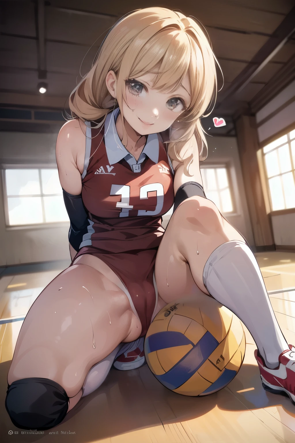 unity 8k wallpaper, anatomically correct, (((masterpiece))), (((best quality))), (((ultra detailed))), (((high-resolution))), ((Ultimate cutie)), perfect hands, perfect finger, (((good anatomy))), detailed beautiful face, shiny hair, (((gyaru))), (potbelly), (curvy), medium breasts, ((Thick thighs)), (((solo))), ((seductive smile)), (((blush))),
BREAK, (((sit astride the perfectly spherical shape 6-inch volleyball))), (((Straddling a perfectly spherical 6" volleyball))), (((Perfectly spherical 6" volleyball fits perfectly crotch))), BREAK, (((Rub the Perfectly spherical 6" volleyball against crotch))), (masturbation),
BREAK, (Collared volleyball uniforms), sleeveless, ((buruma)), ((kneepad)), pussy juice stained, (elbow pad), (((sweat))), (((covered in sweat))), ((deep breathing)), in Volleyball Court, indoor, lighting, looking at viewer, full body, (spoken heart)