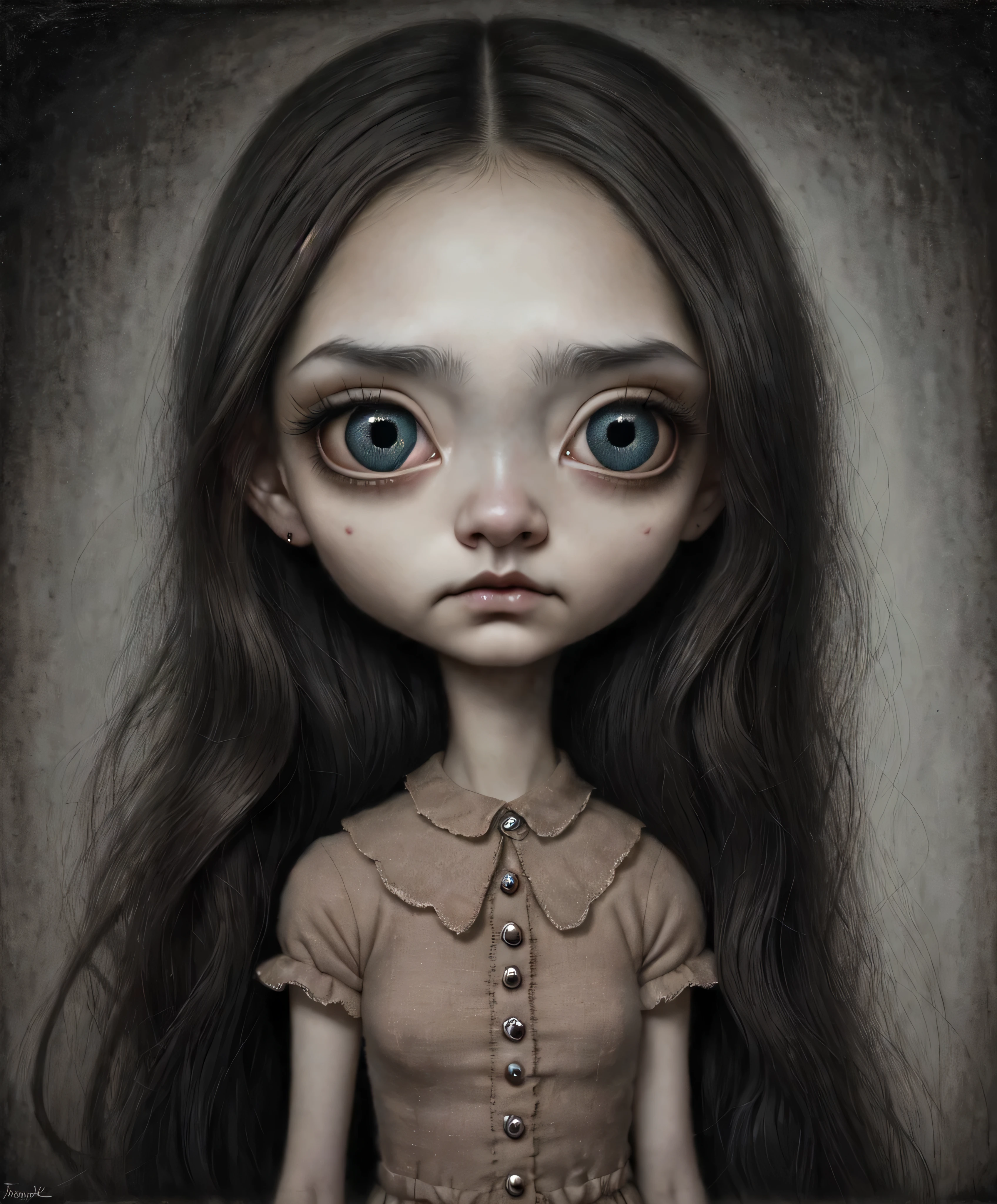 Un primer plano de una chica muy triste con el pelo largo (rubio) y los ojos grandes y azules, Anton Semenov, Mark Ryden muy detallado, Designed by Mark Ryden, Mark Ryden en el estilo de, Designed by Mark Ryden, inspirado por Mark Ryden, Naoto Hattori, Adorable pintura digital, hermoso rostro. dark fantasy, Estilo Wlop Loish y Clamp, desnuda